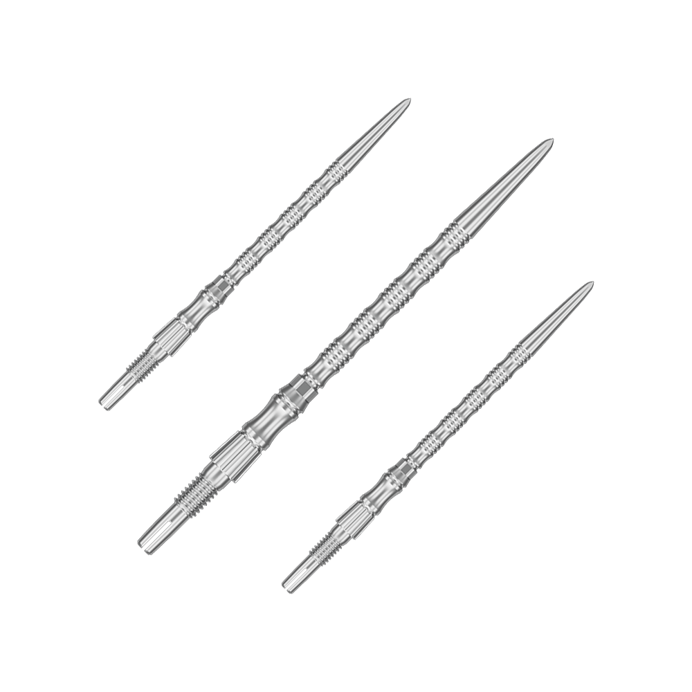 Punte per freccette Target Signature Swiss Point TRB in acciaio - argento Das Bild zeigt ein Set silberner Dartspitzen mit einer Länge von 42 mm. Es handelt sich um Target SwissPoint Signature TRB Dartspitzen.