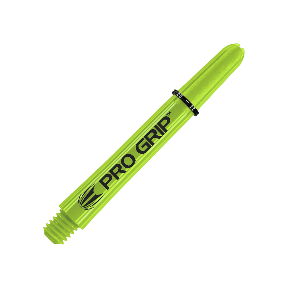 Target Pro Grip Shafts - 3 set - Verde lime Das Bild zeigt einen limegrünen Dart-Schaft mit der Aufschrift "PRO GRIP". Der Hintergrund ist passend in derselben Farbe gestaltet.