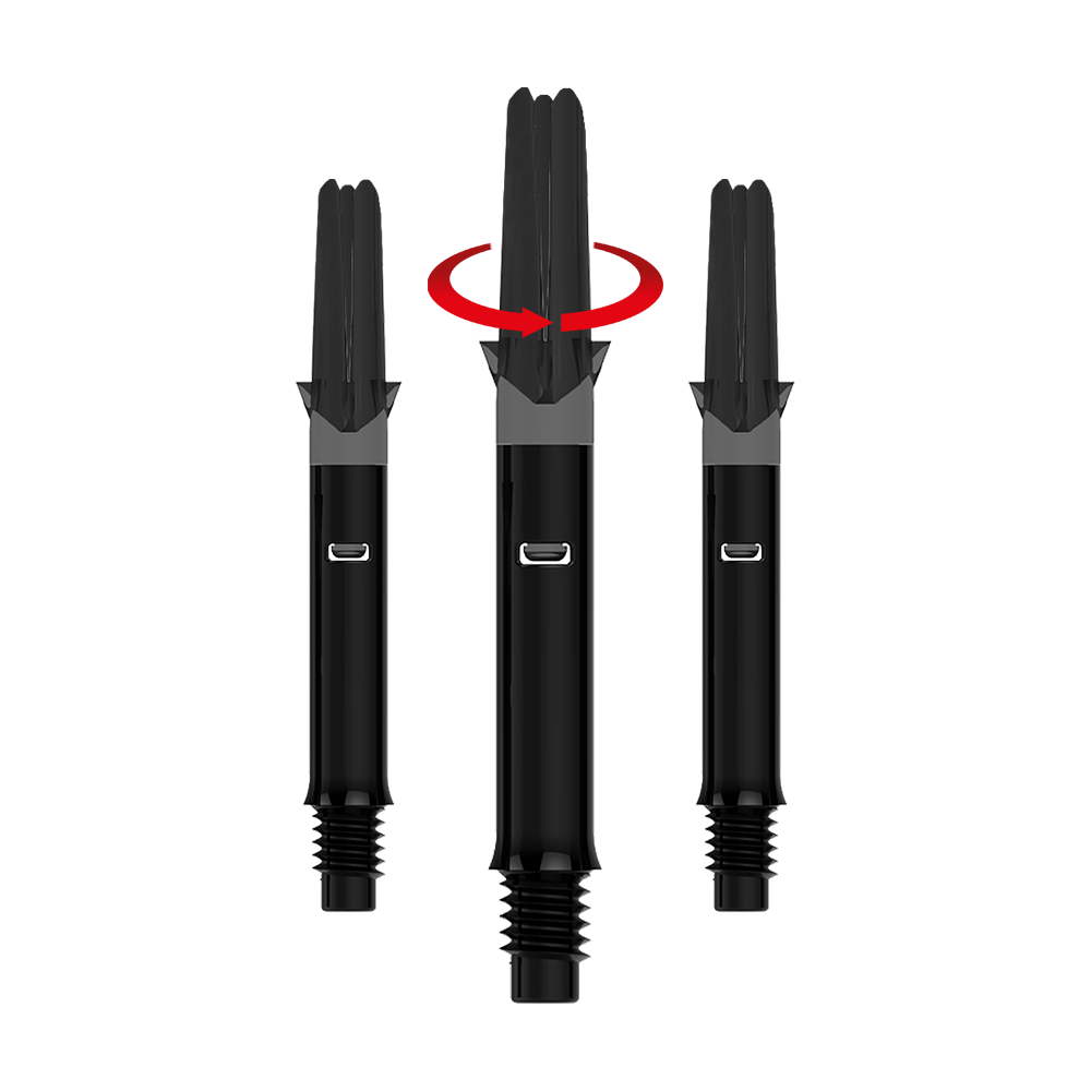 Alberi a L stile L silenziosi e dritti - Nero Das Bild zeigt drei schwarze Dartshafts ohne Kappen. Über dem mittleren Shaft befindet sich ein roter Pfeil, der eine Drehbewegung anzeigt.