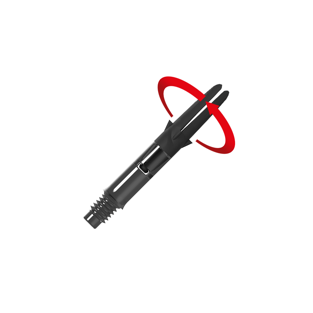 L-L-Style-Shaft Carbon Silent Straight - Nero Das Bild zeigt einen schwarzen Dart-Schaft aus Carbon. Ein roter Pfeil deutet eine Drehbewegung auf den oberen Teil des Schafts an.