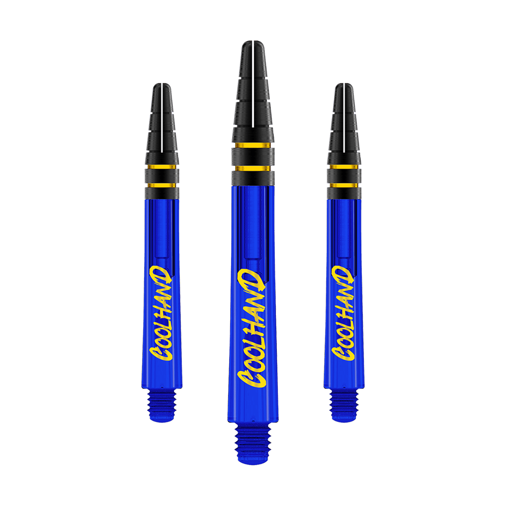 Alberi Red Dragon Nitrotech Luke Humphries Coolhand - Blu Auf dem Bild sind drei blaue Dartshafts mit der gelben Aufschrift „COOLHAND“ zu sehen. Die oberen Enden der Shafts sind schwarz mit goldenen Ringen verziert.