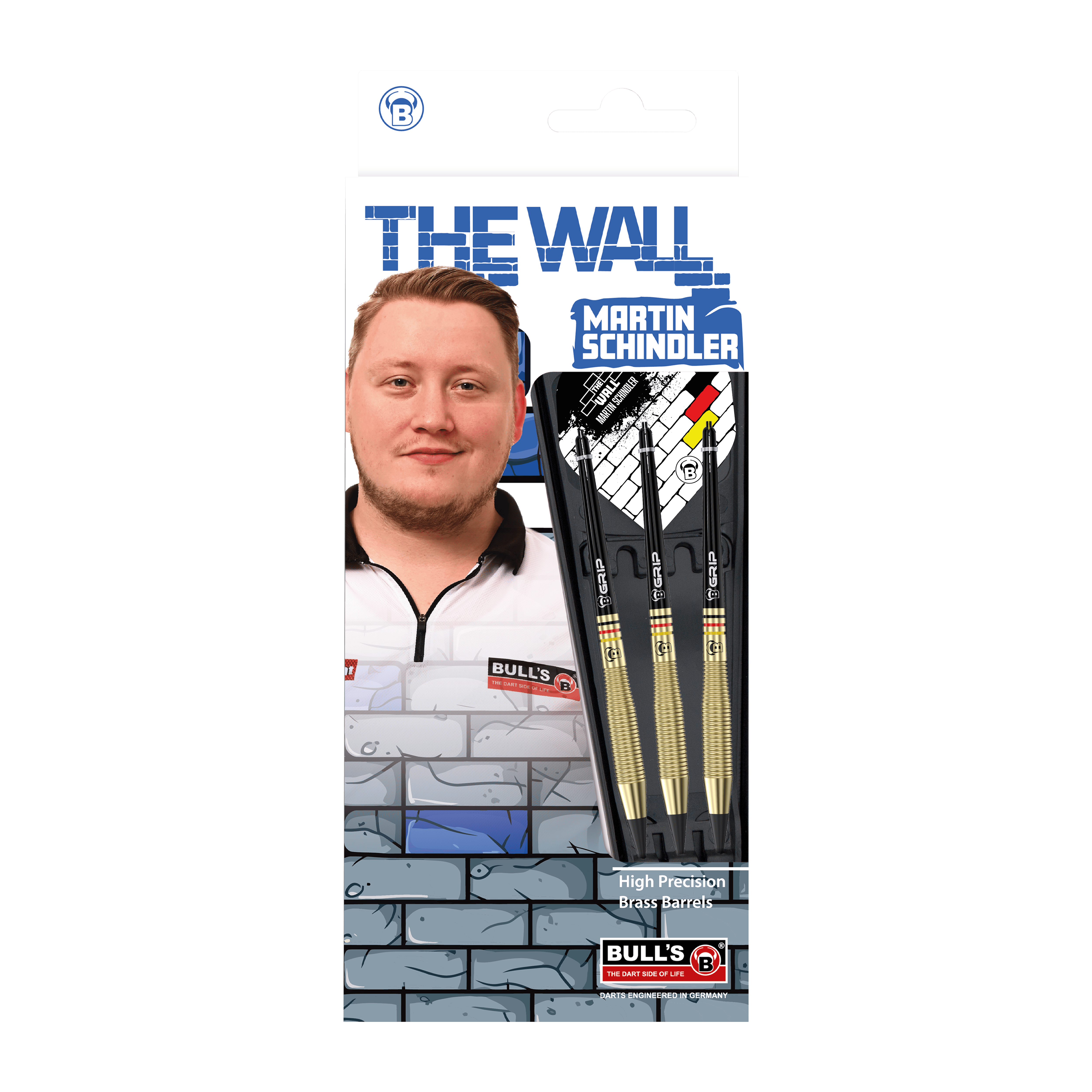 Bulls Martin Schindler The Wall Brass Softdarts - 18 g Das Bild zeigt die Verpackung der "Bulls Martin Schindler The Wall Brass Softdarts - 18g". Auf der Verpackung ist ein Foto von Martin Schindler sowie drei Softdarts mit Messing-Barrels abgebildet.