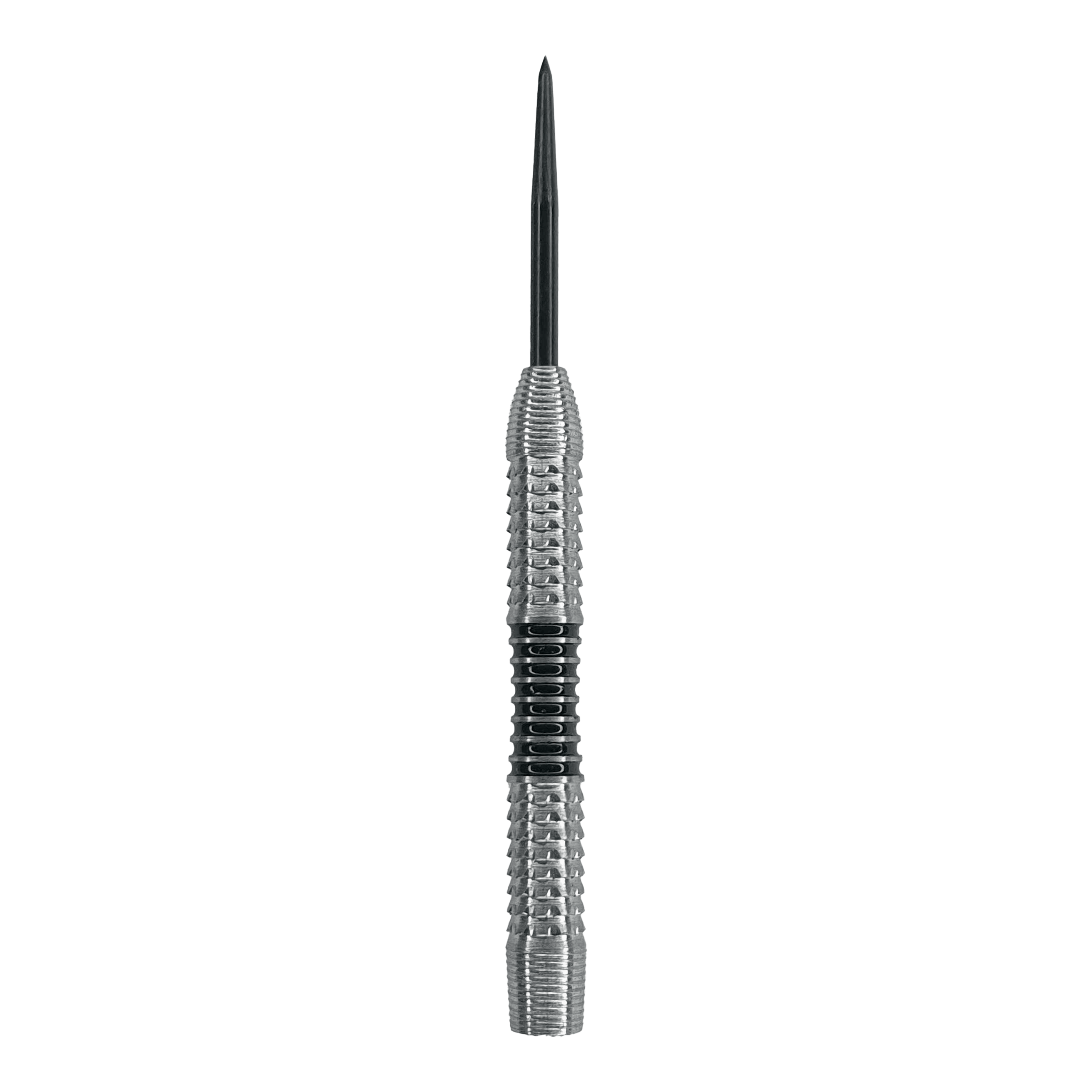McDart Black Stripe 2 freccette in acciaio - 22 g Das Bild zeigt einen silbernen Steeldart-Barrel mit einer schwarzen Griffzone in der Mitte. Es handelt sich um das Produkt "McDart Black Stripe 2 Steeldart-Barrels - 22g".