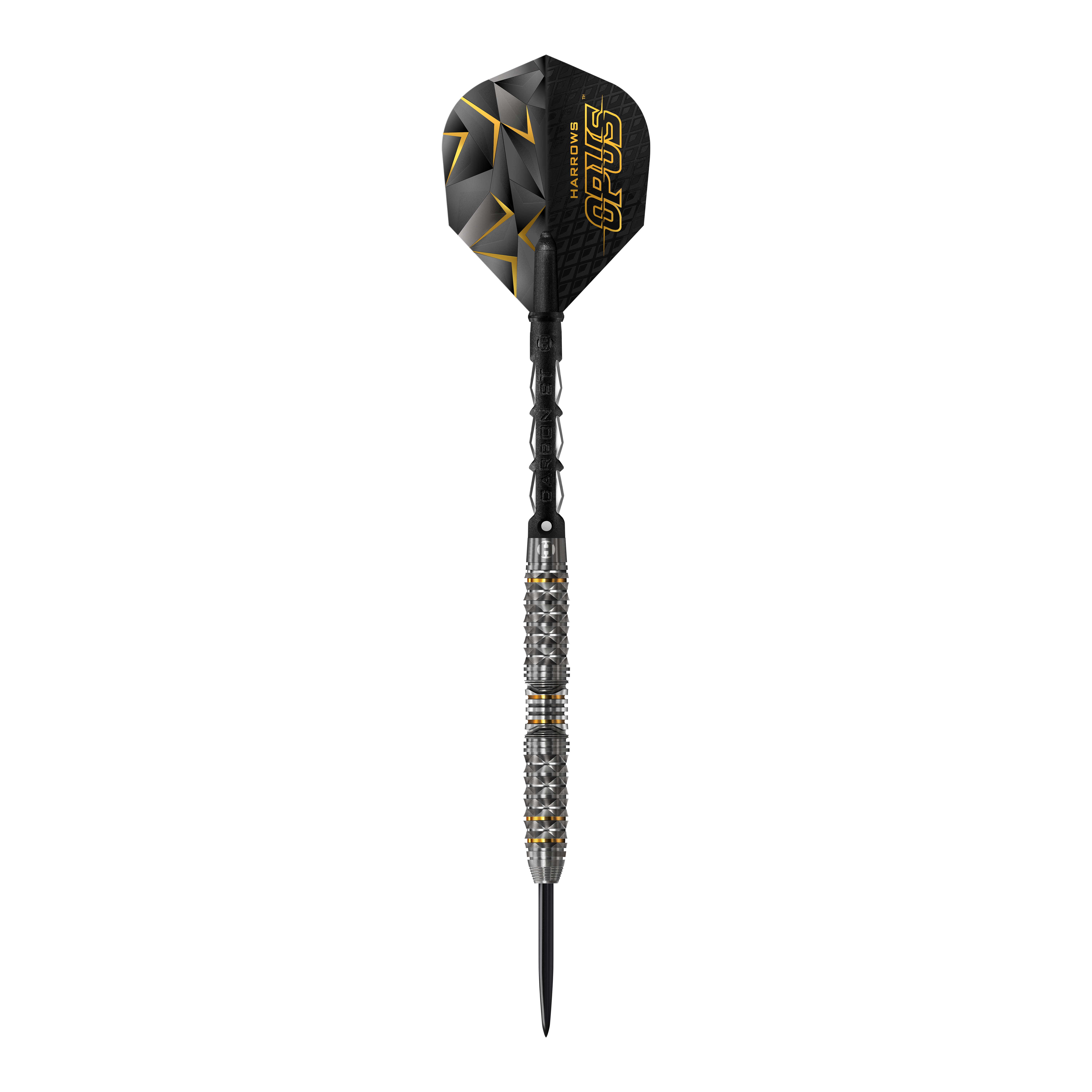 Freccette d'acciaio Harrows Opus Das Bild zeigt einen Harrows Opus Steeldart. Der Dartpfeil ist schwarz mit silbernen und goldenen Akzenten und hat eine strukturierte Oberfläche.