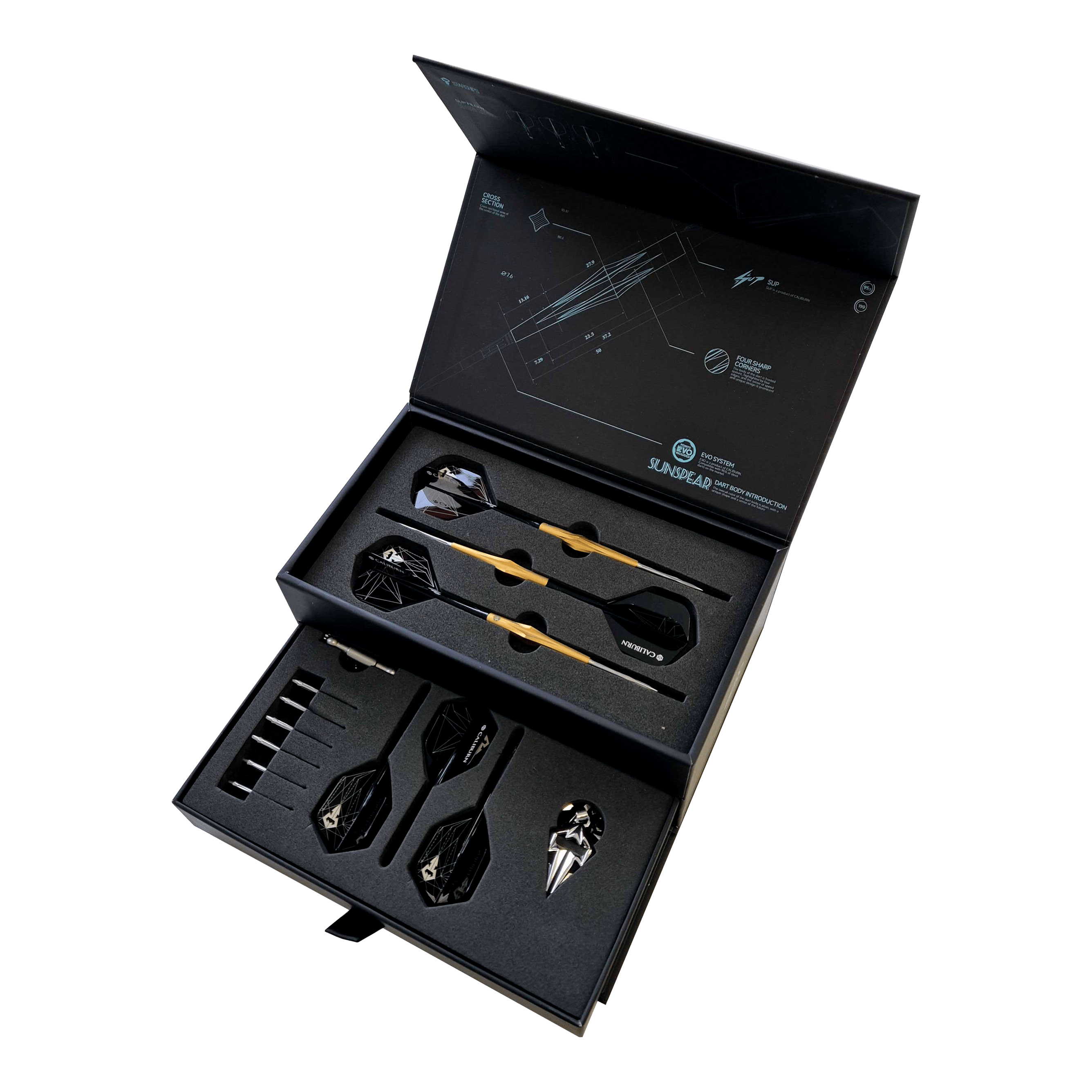 Caliburn Starships Series Sunspear Steel Darts - 19 g Abgebildet ist Caliburn Starships Series Sunspear Steeldarts - 19g. Das Produkt zeigt einen Satz hochwertiger Steeldarts.