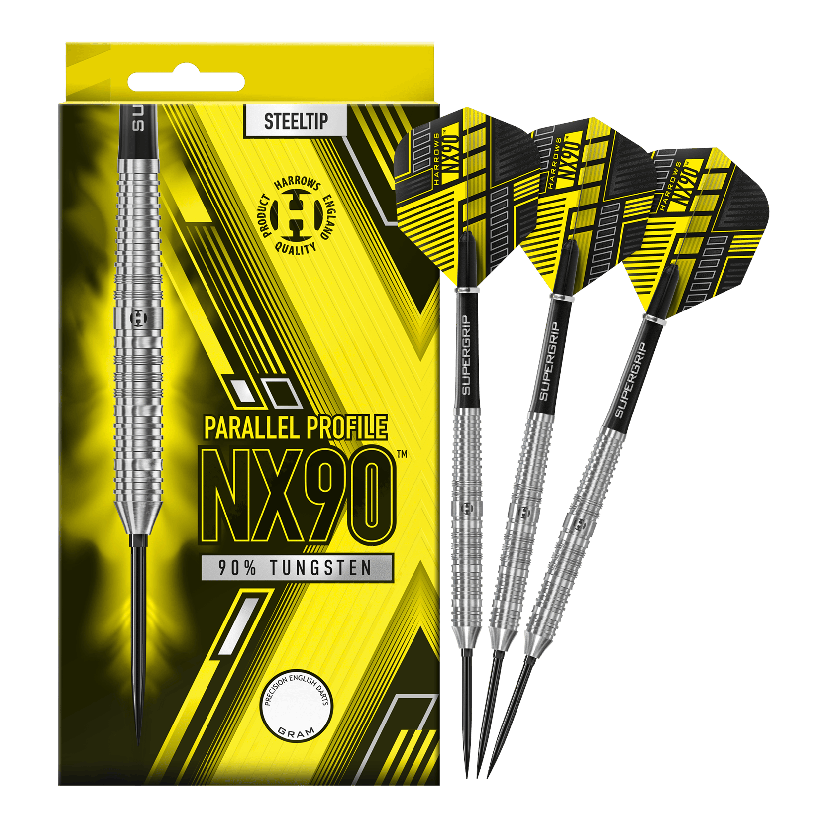 Freccette in acciaio a punta rapida parallela Harrows NX90 Abgebildet sind die Harrows NX90 Parallel Quick Point Steeldarts. Diese Darts sind bekannt für ihre Präzision und ihr paralleles Barrel.