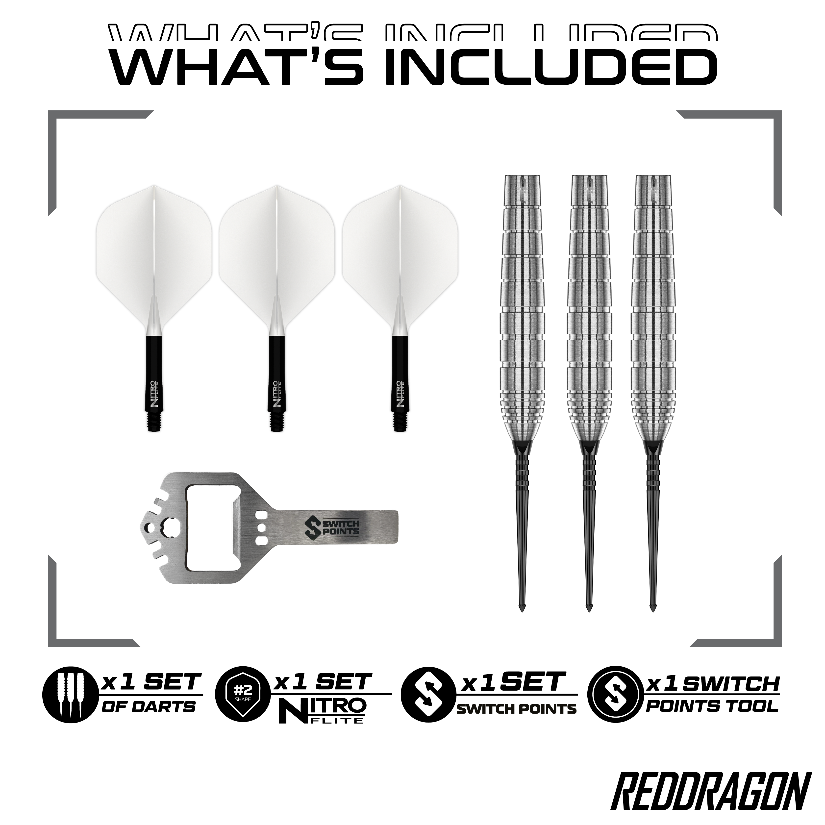Zu sehen sind die Red Dragon Luke Humphries TX1 Pioneer Switch Point Steeldarts. Das Produkt eignet sich für professionelle Dartspieler.
