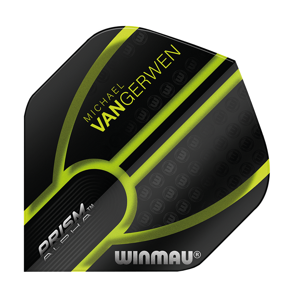 6915-143_Winmau_Prism_Alpha_MvG_Black_Green_V1_Standard_Flights_1 Winmau Prism Alpha MvG Black Green V1 Standard Flights in auffälligem Grafikstil. Die Flights liegen nebeneinander.