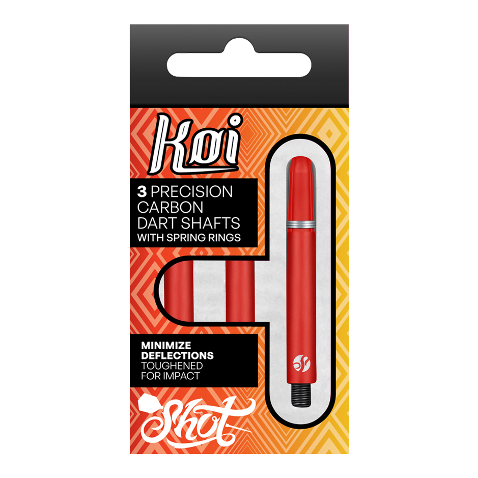 Shot Koi Carbon Shafts - Rosso Die Verpackung zeigt drei präzise Koi Carbon-Dartschäfte in Rot. Sie sind für minimale Ablenkung und hohe Schlagfestigkeit ausgelegt.