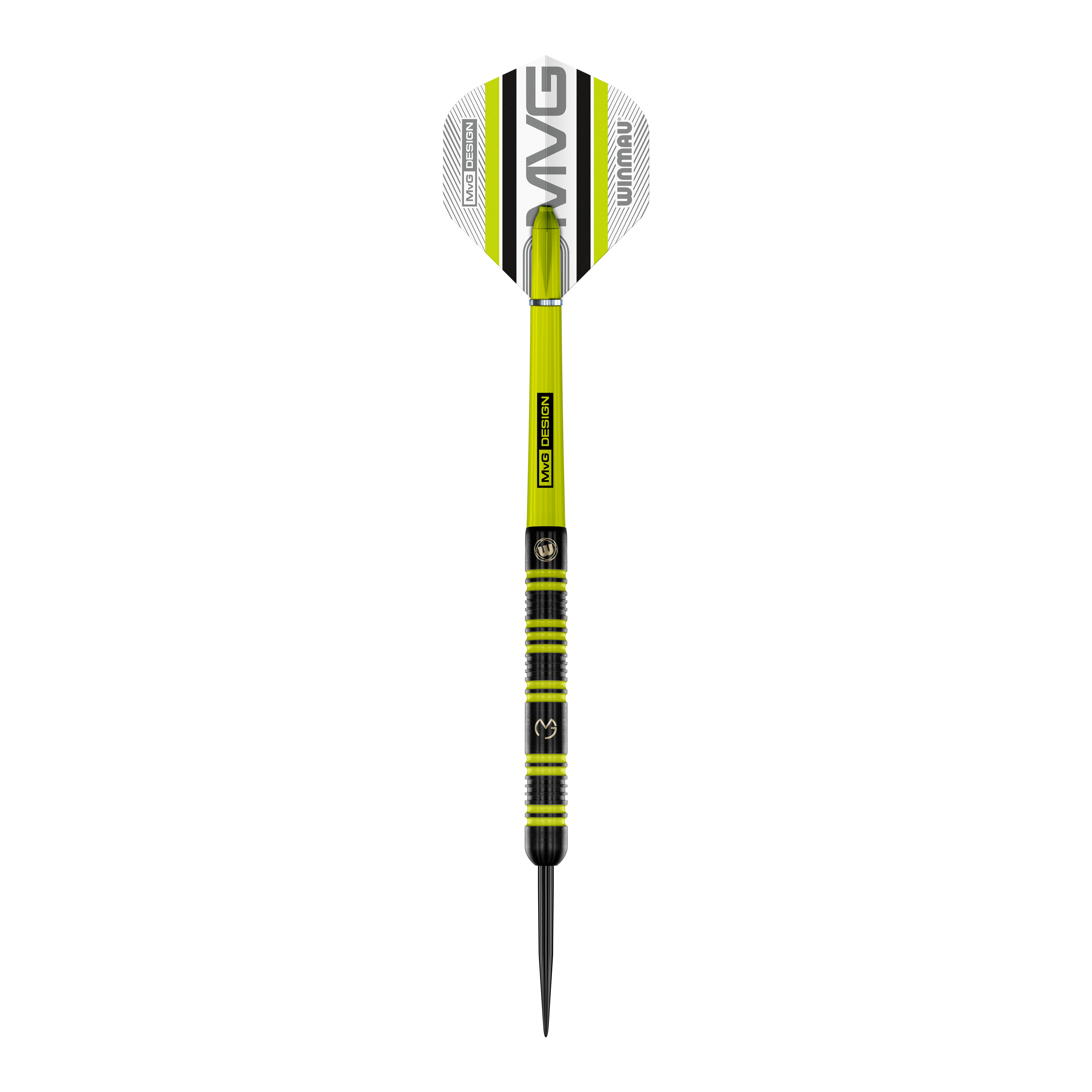 Freccette in acciaio Winmau Michael Van Gerwen 85 Pro-Series Auf dem Bild ist ein Winmau Michael Van Gerwen 85 Pro-Series Steeldart zu sehen. Der Dart hat ein modernes Design mit grünen und schwarzen Akzenten sowie der Aufschrift „MVG DESIGN“ auf dem Schaft.