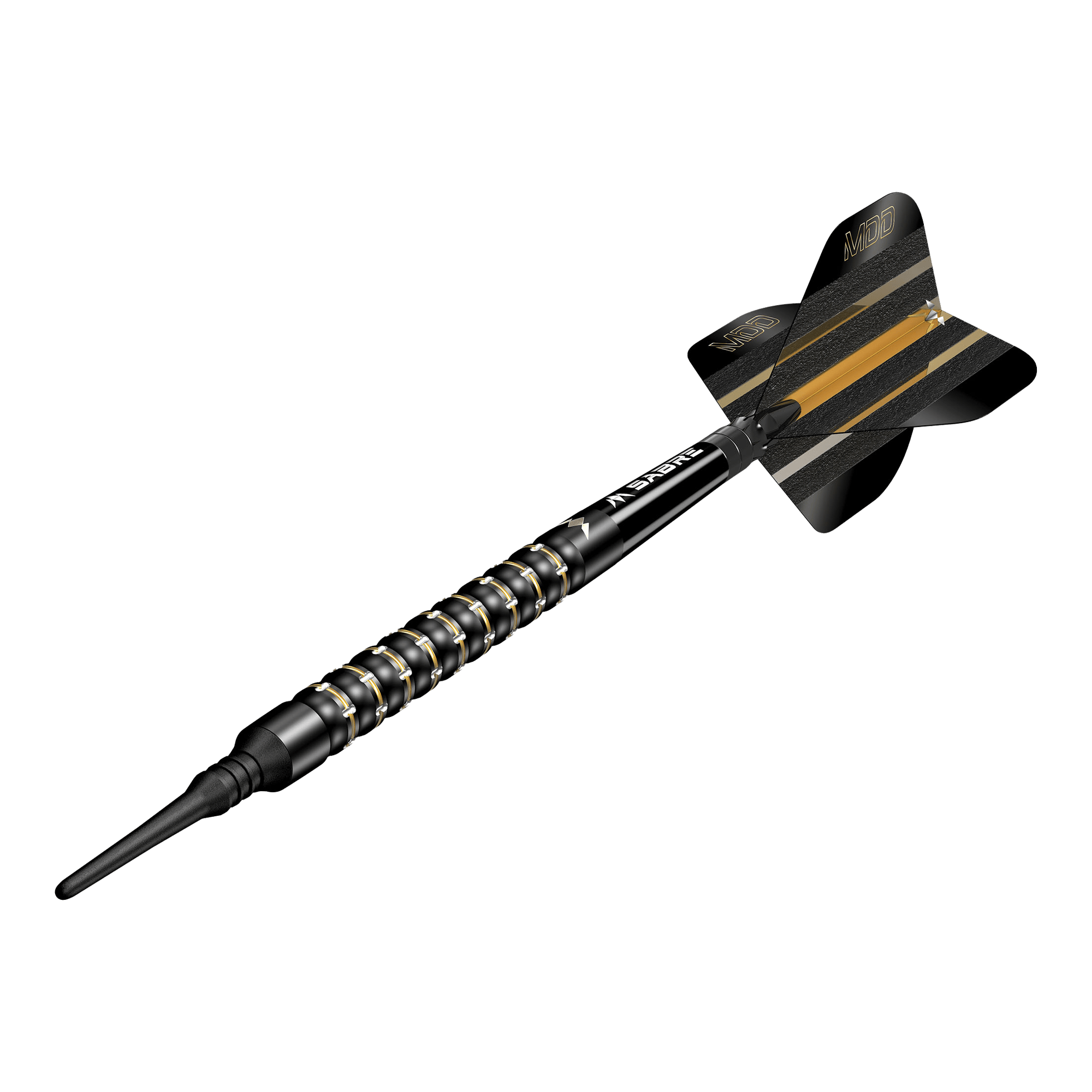Freccette morbide Mission Mike De Decker MDD Black Gold - 20 g Das Bild zeigt einen schwarzen Softdartpfeil mit goldenen Akzenten. Auf der Flight steht "MDD" und der Pfeil wirkt hochwertig und modern.