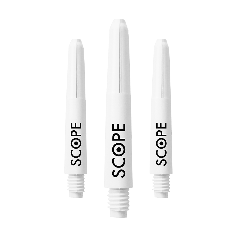 525_McDart_Scope_Nylon_Shafts_Weiss_34mm_1HeWcA1WKfD55D Das Bild zeigt drei weiße McDart Scope Nylon Shafts für Dartpfeile. Auf jedem Shaft steht das Wort "SCOPE" in schwarzer Schrift.