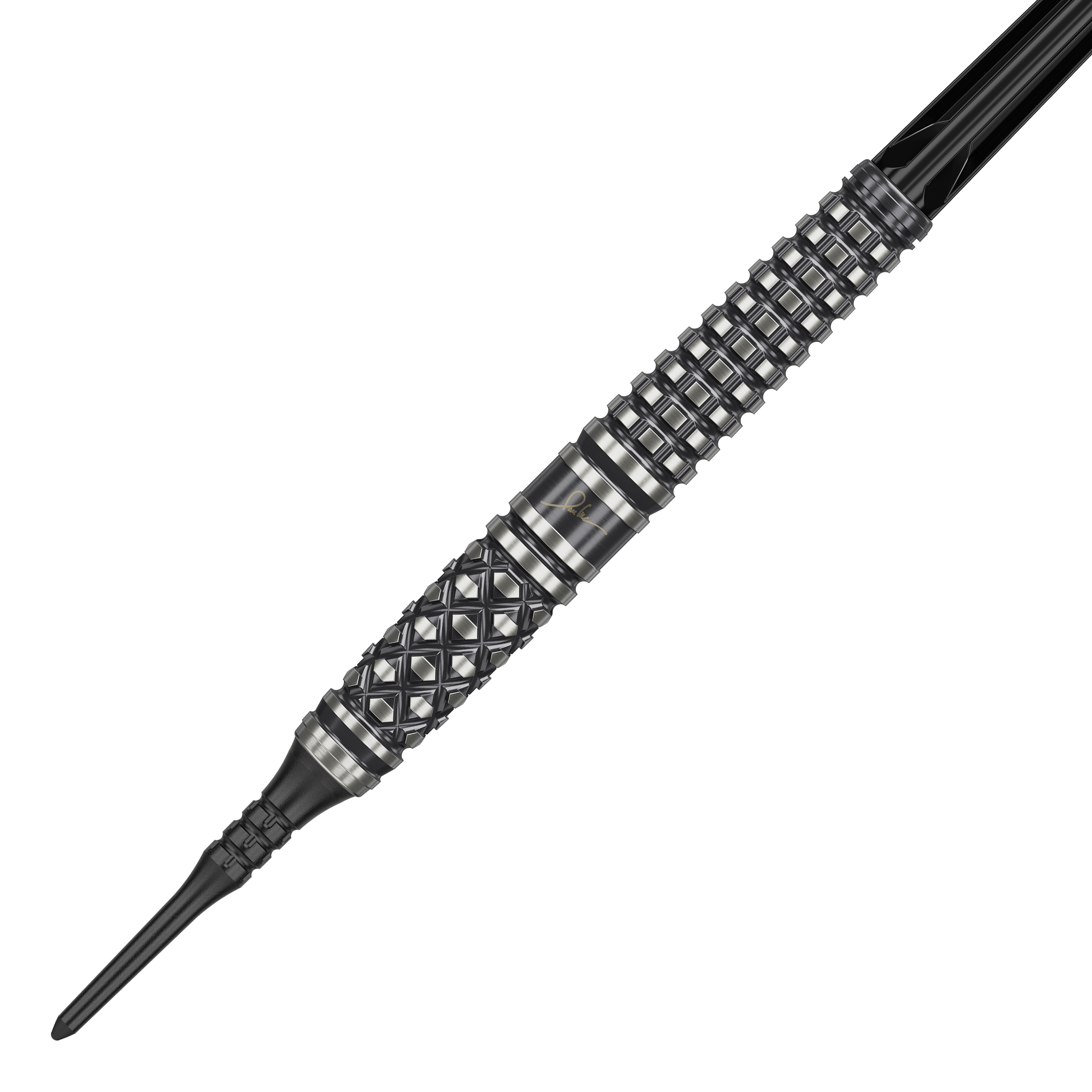 Target Japan Paul Lim The Legend GEN8 Freccette morbide - 19 g Das Bild zeigt einen "Target Japan Paul Lim The Legend GEN8 Softdart" mit 19g Gewicht. Der Dart hat ein markantes, schwarzes Design mit silbernen Rillen und einem strukturierten Griff.
