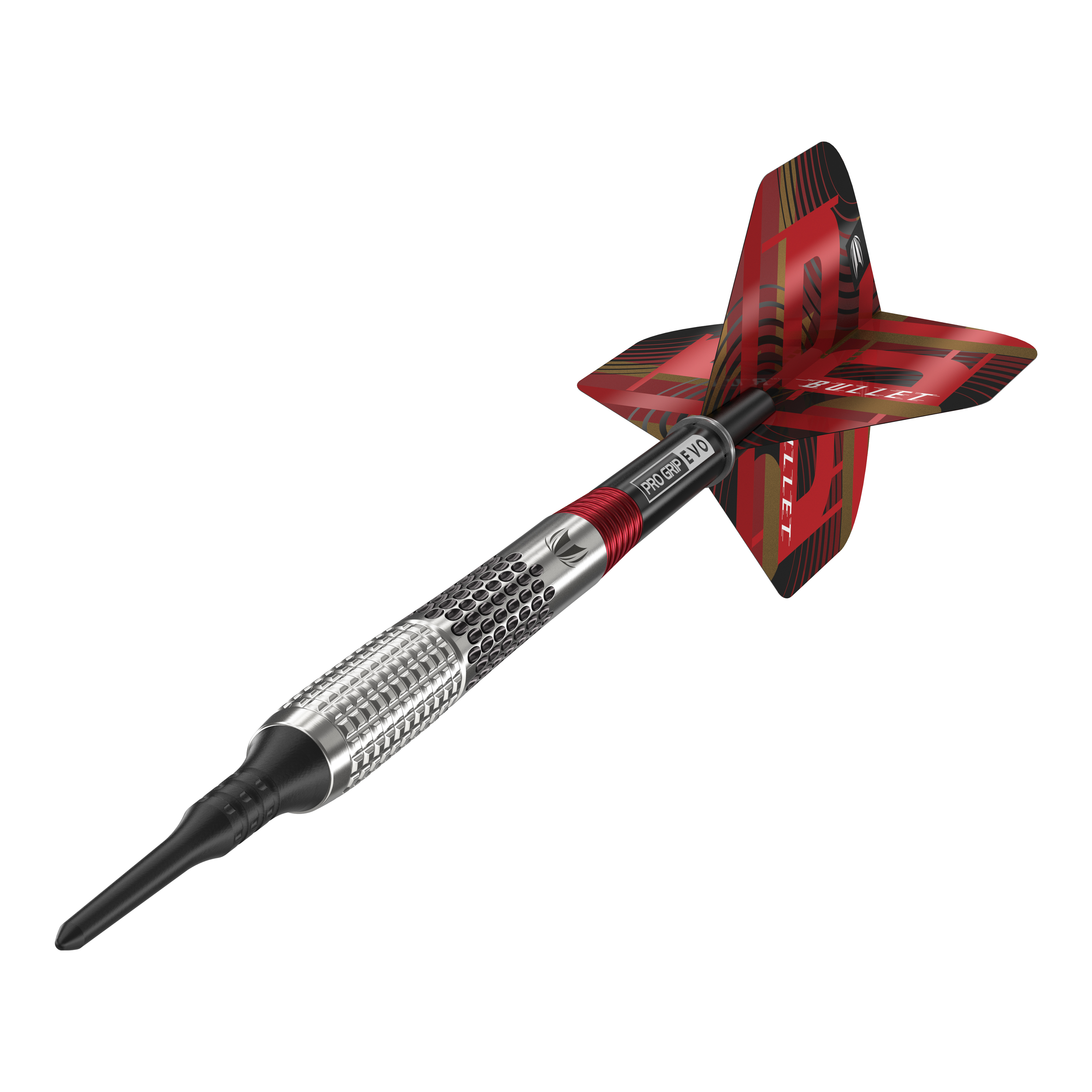 Freccette morbide Target Stephen Bunting GEN5 - 18 g Das Bild zeigt einen Target Stephen Bunting GEN5 Softdart mit einem Gewicht von 18g. Der Dartpfeil hat ein silbernes Griffstück mit roten und schwarzen Akzenten sowie einer auffälligen roten Flights.