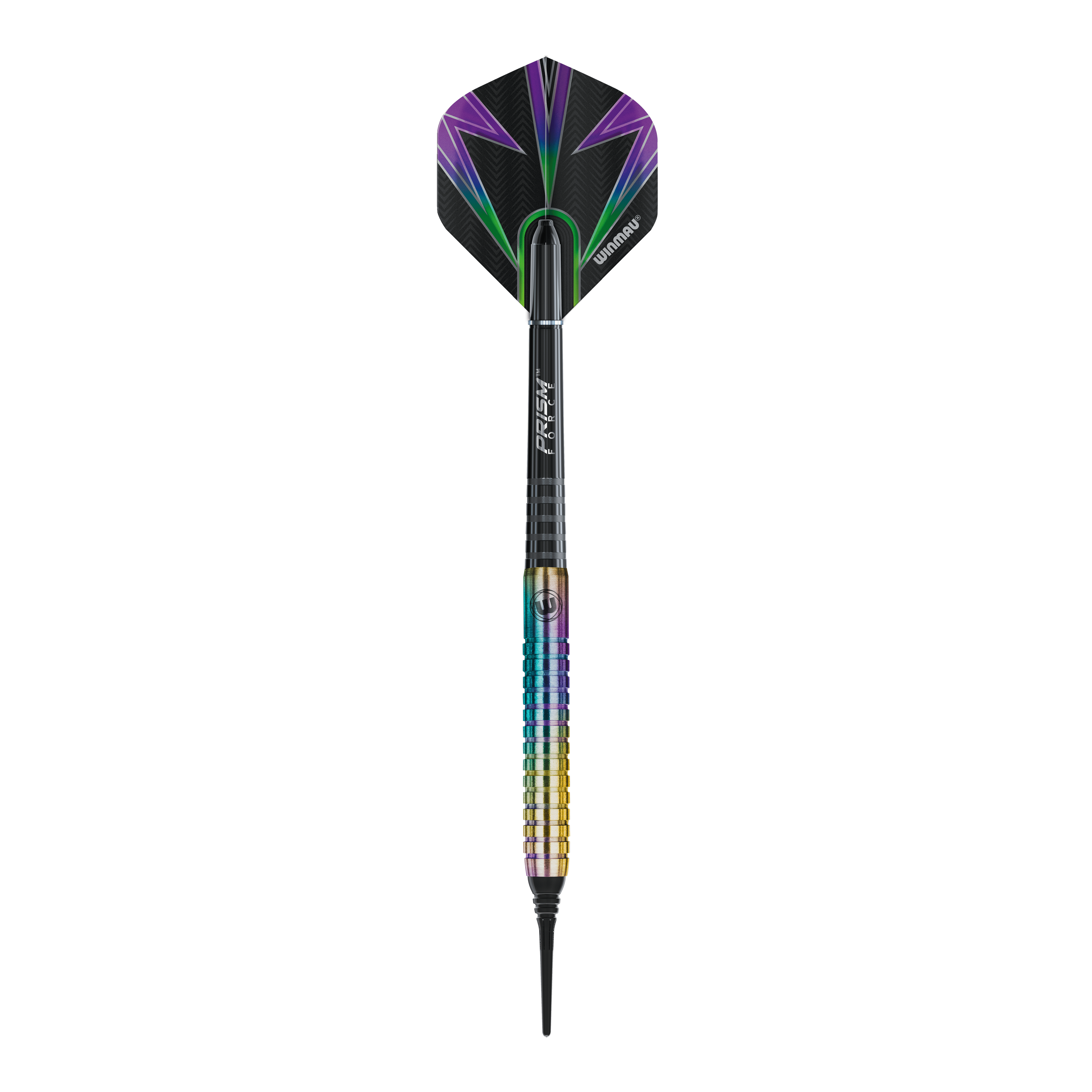 Freccette morbide Winmau Foxfire Urban - 20 g Das Bild zeigt den Winmau Foxfire Urban Softdart mit einem Gewicht von 20g. Der Dartpfeil hat ein farbenfrohes Design mit schwarzen, lila und grünen Akzenten.