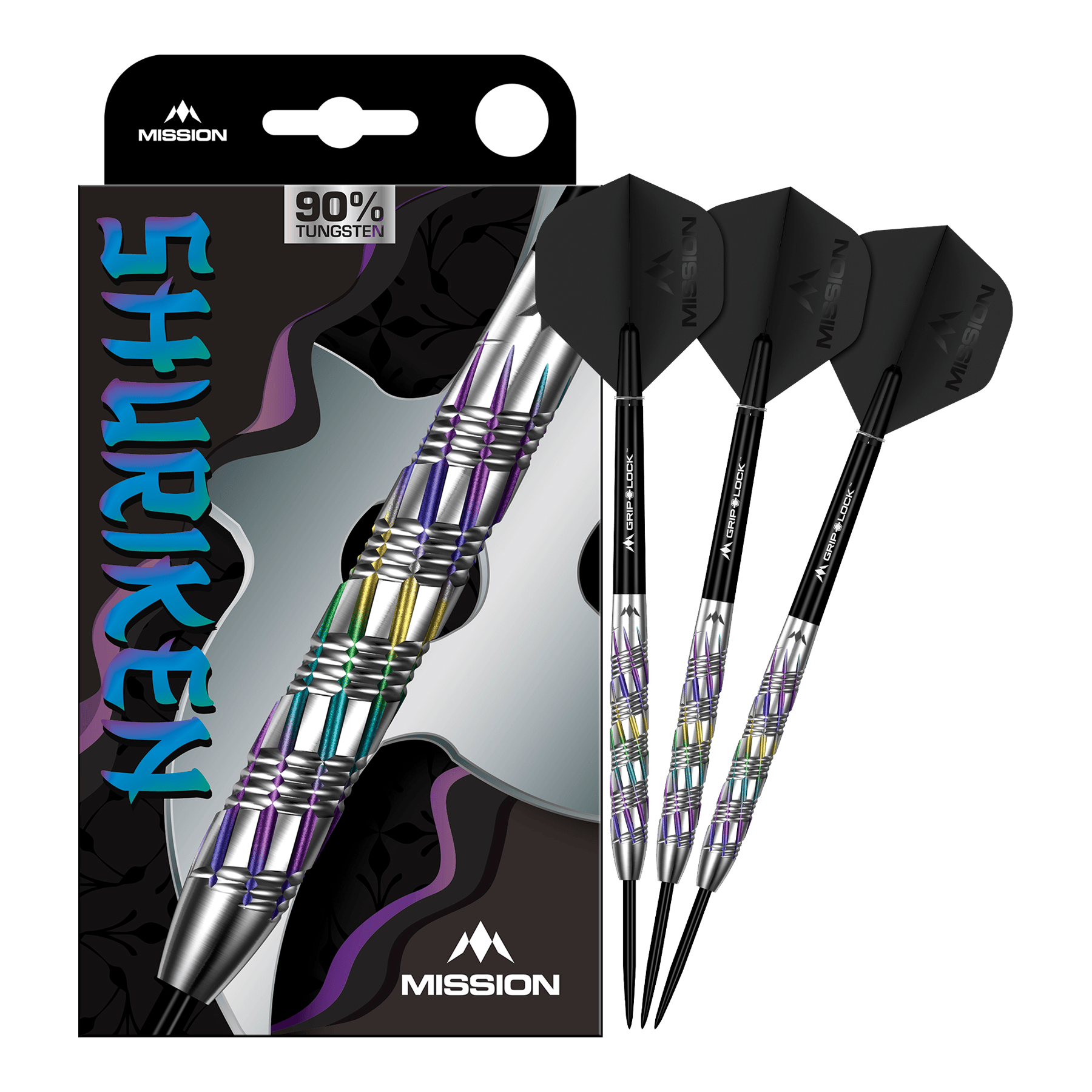 Freccette in acciaio Shuriken Mission Mission Shuriken Steeldarts sind professionelle Steeldarts. Das Bild zeigt das vollständige Set der Mission Shuriken Steeldarts.