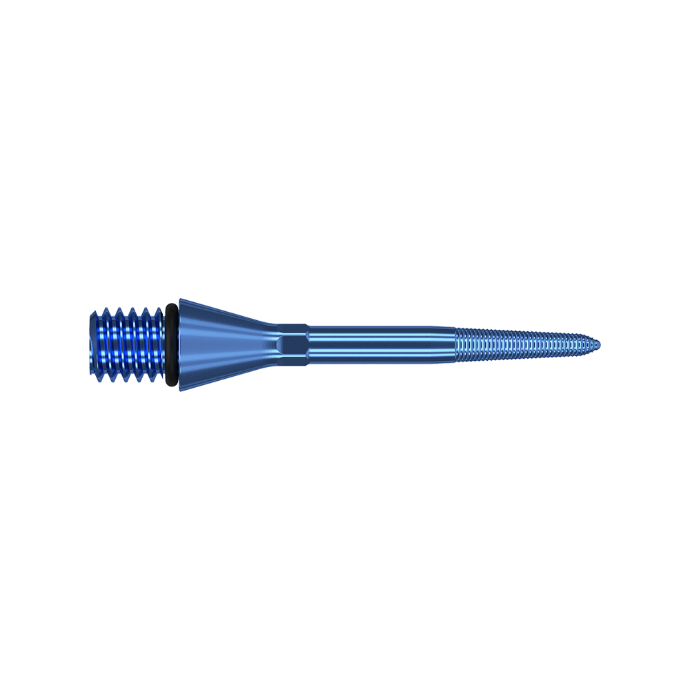 380164_Target_Titanium_Swiss_Point_Nano_Conversion_Points_Blau_26mm_2 Das Bild zeigt die Target Swiss Point Nano Conversion Point in Blau. Es handelt sich um eine schlanke, spitz zulaufende Dartspitze mit Gewinde.