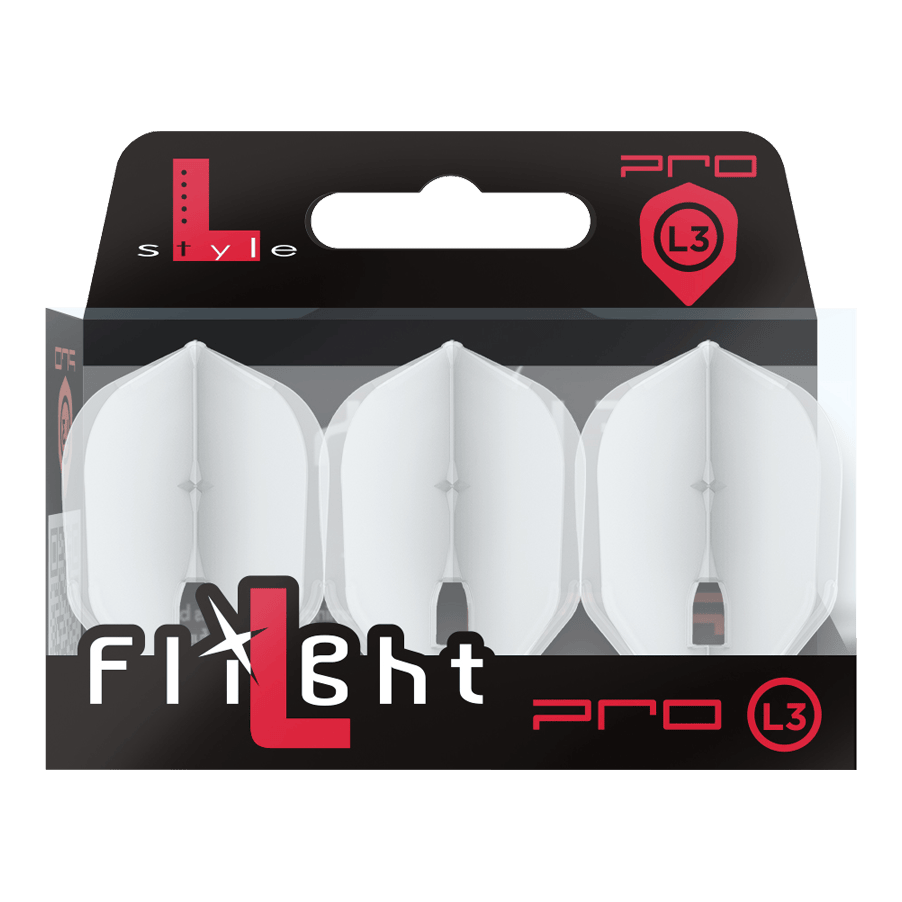 L-Style Flights Champagne - L3PRO Shape Die Abbildung zeigt eine Packung mit drei weißen Dartflights der Marke L-Style. Die Verpackung ist schwarz und transparent und trägt die Aufschrift "Flight Pro L3".