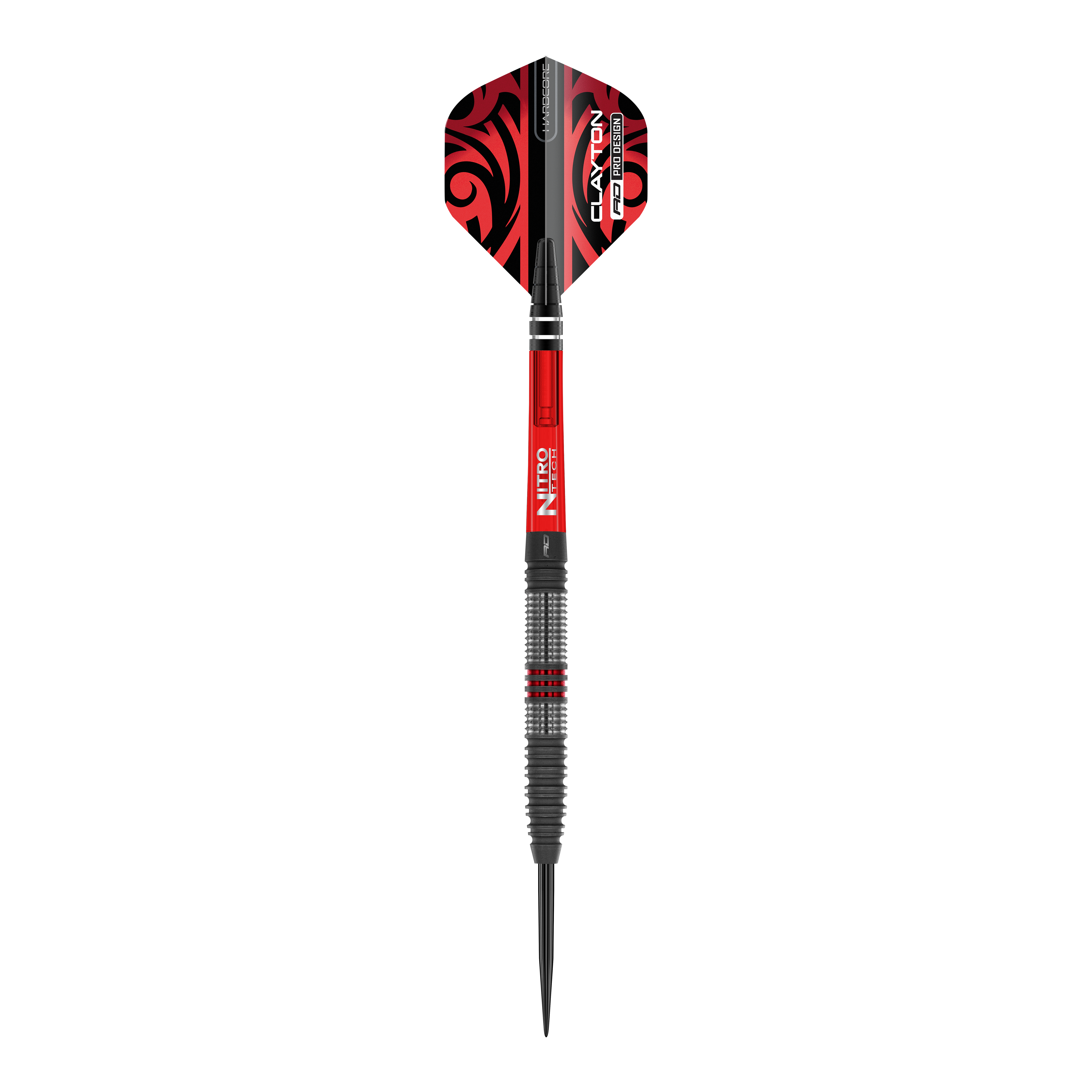 Freccette in acciaio Red Dragon Jonny Clayton Hiraeth Das Bild zeigt einen Red Dragon Jonny Clayton Hiraeth Steeldart. Der Dart ist in Schwarz und Rot gehalten und hat auffällige Muster auf den Flights.