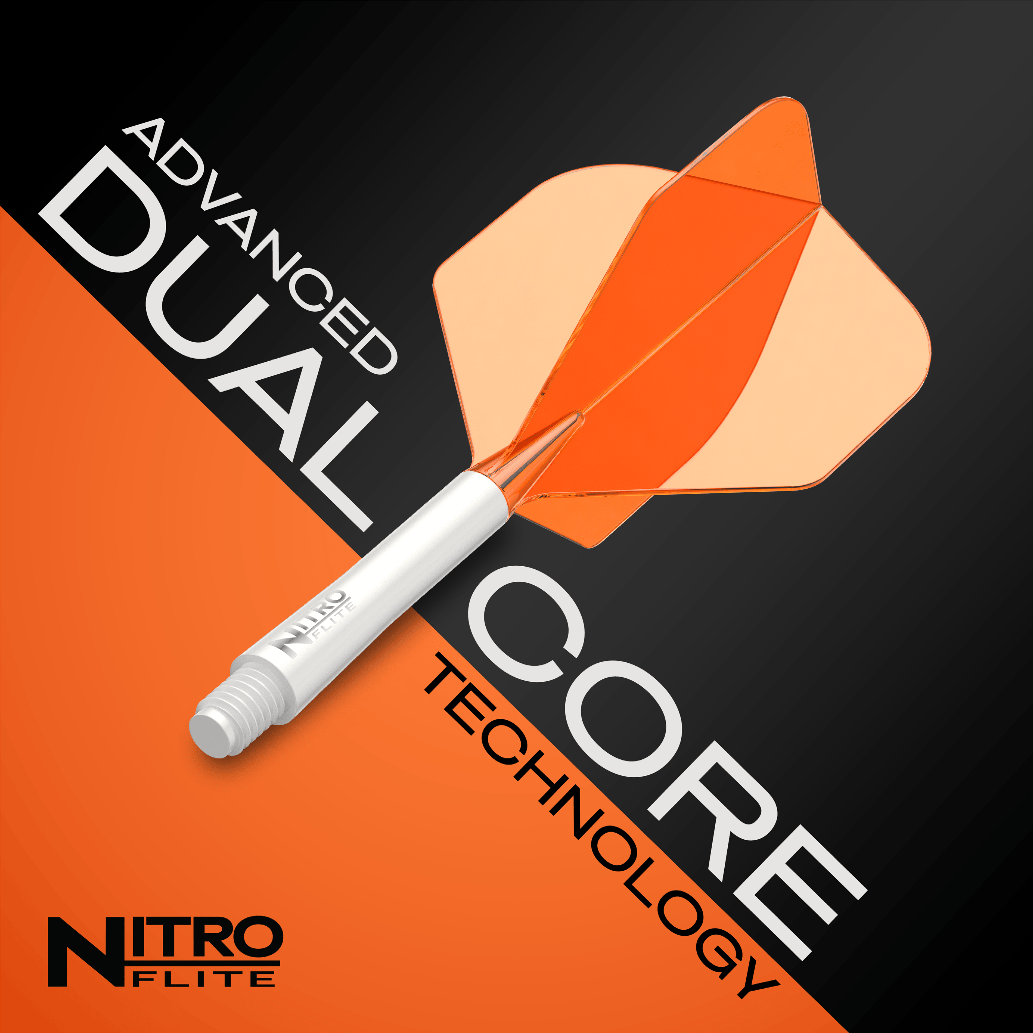 Red Dragon Nitroflite Asta bianca Alette arancioni n. 2 Gezeigt wird das Produkt Red Dragon Nitroflite White Shaft Orange Flights No2. Es handelt sich um einen weißen Dart-Schaft mit orangefarbenen Flights.