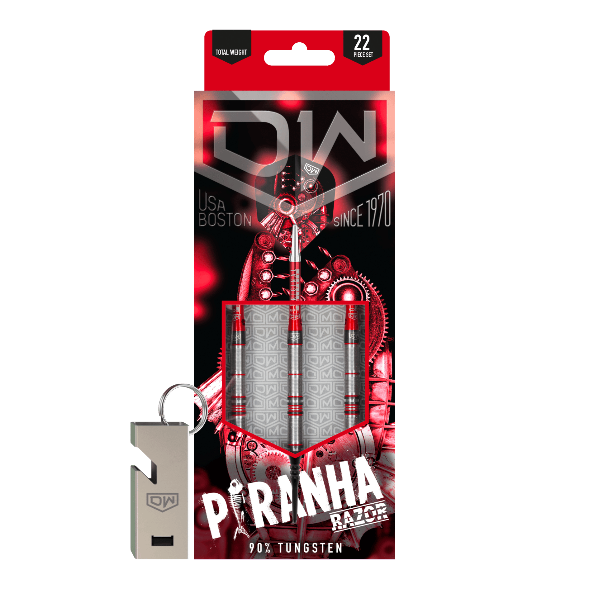 Freccette morbide DW Piranha Razor 02 Das Bild zeigt die Verpackung der DW Piranha Razor 02 Softdarts. Die Verpackung ist überwiegend schwarz und rot gestaltet und enthält drei Darts sowie ein Zubehörteil.