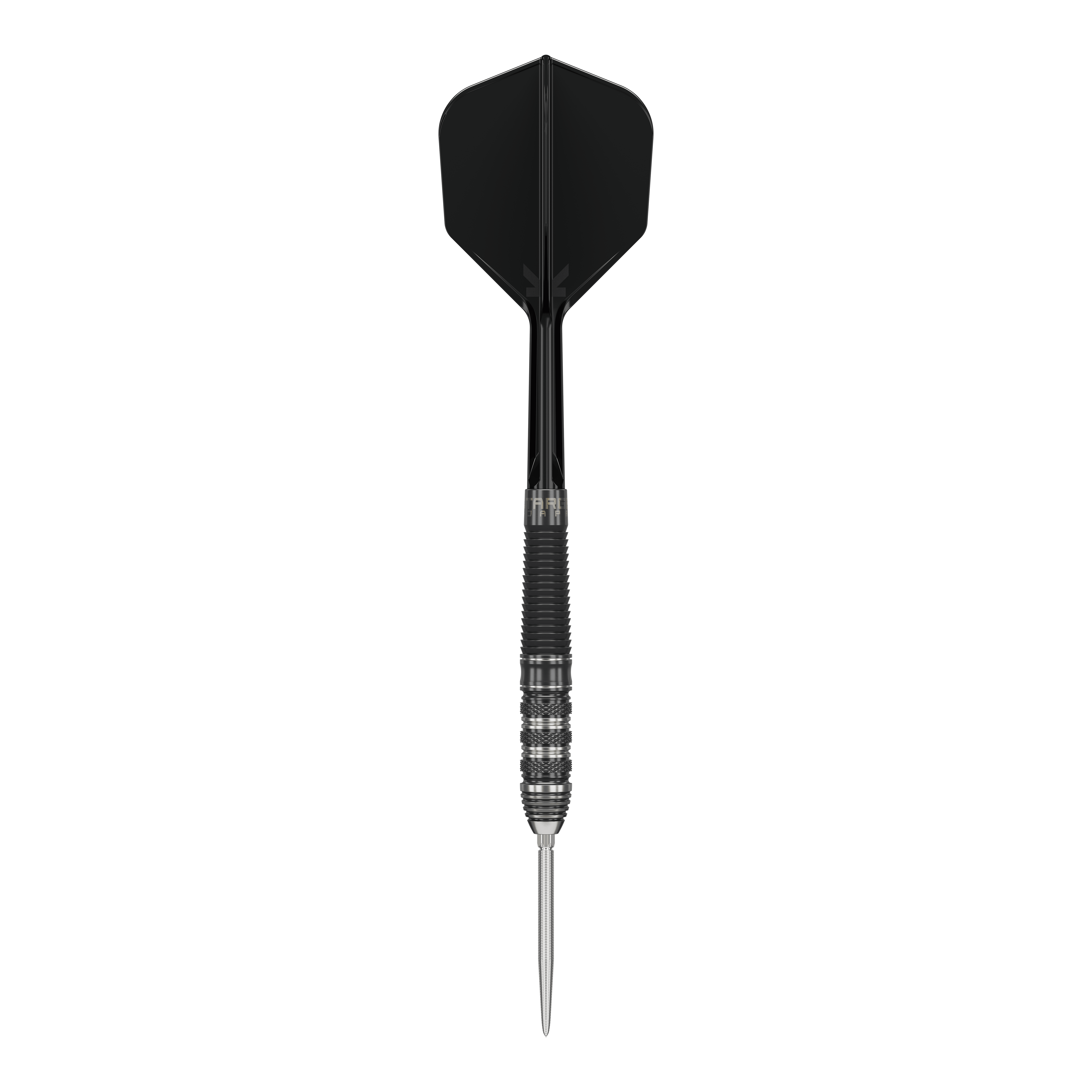 Target Japan Black Marque Armageddon GEN2 Swiss Point Steeldarts Das Bild zeigt einen Target Japan Black Marque Armageddon GEN2 Swiss Point Steeldart. Der Dartpfeil ist schwarz und silber mit einer scharfen Stahlspitze und einem schwarzen Flight.