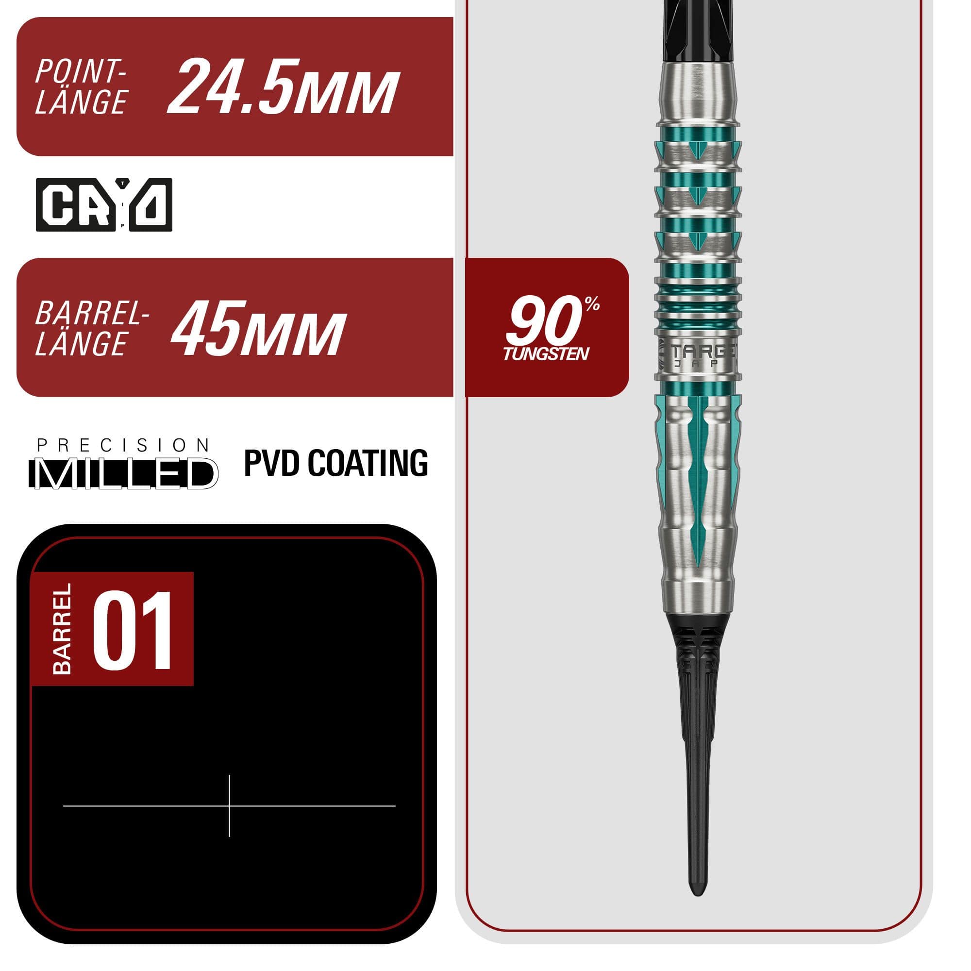 Freccette morbide Target Black Marque Pierce - 18,5 g Das Bild zeigt die Target Black Marque Pierce Softdarts mit 18,5g Gewicht. Schwarze Darts für präzises und komfortables Spielen.