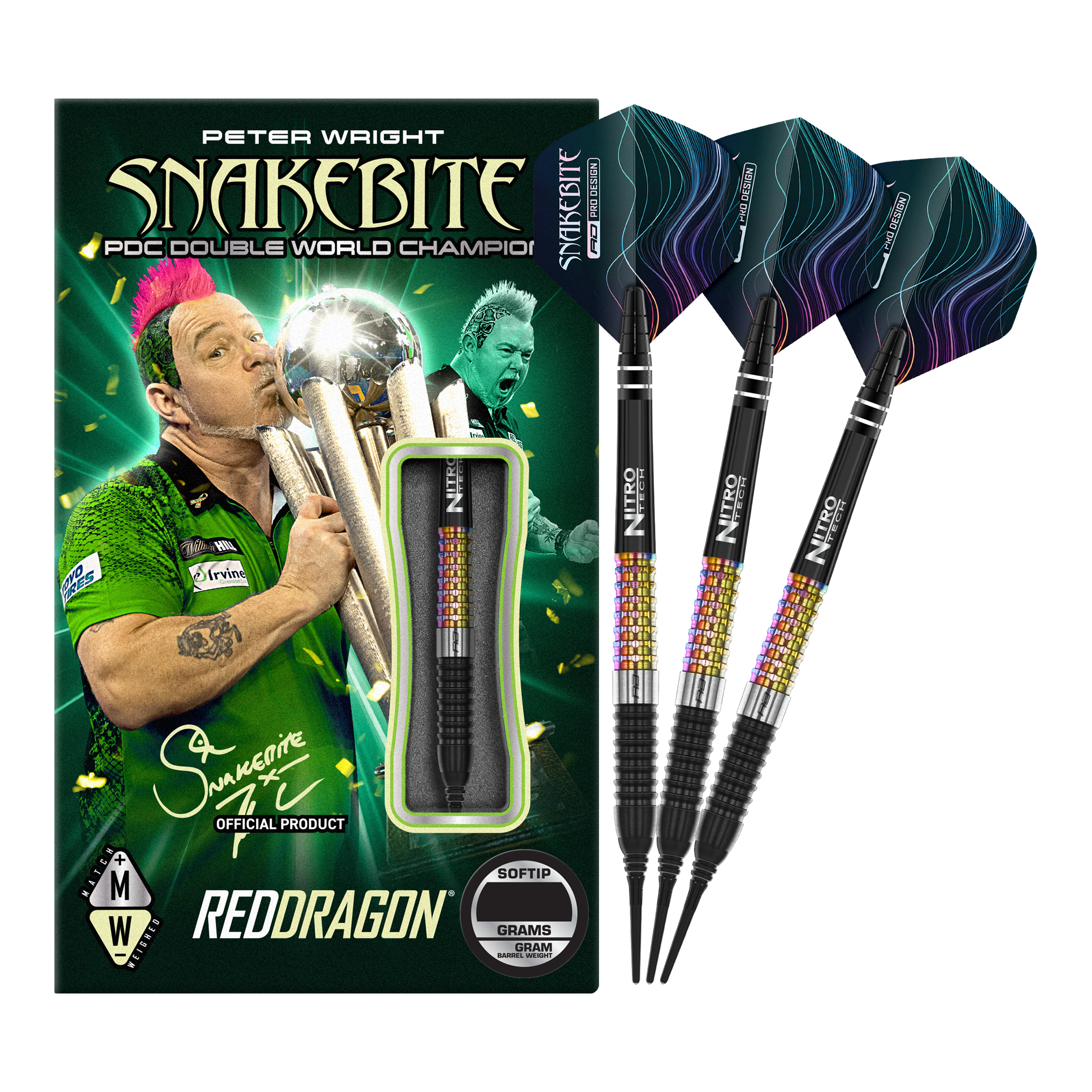 Freccette morbide Red Dragon Peter Wright Corra - 18 g Das Bild zeigt das Produkt "Red Dragon Peter Wright Corra Softdarts - 18g" mit einer farbenfrohen Verpackung. Drei Softdarts mit buntem Griff und schwarzen Spitzen sind daneben abgebildet.