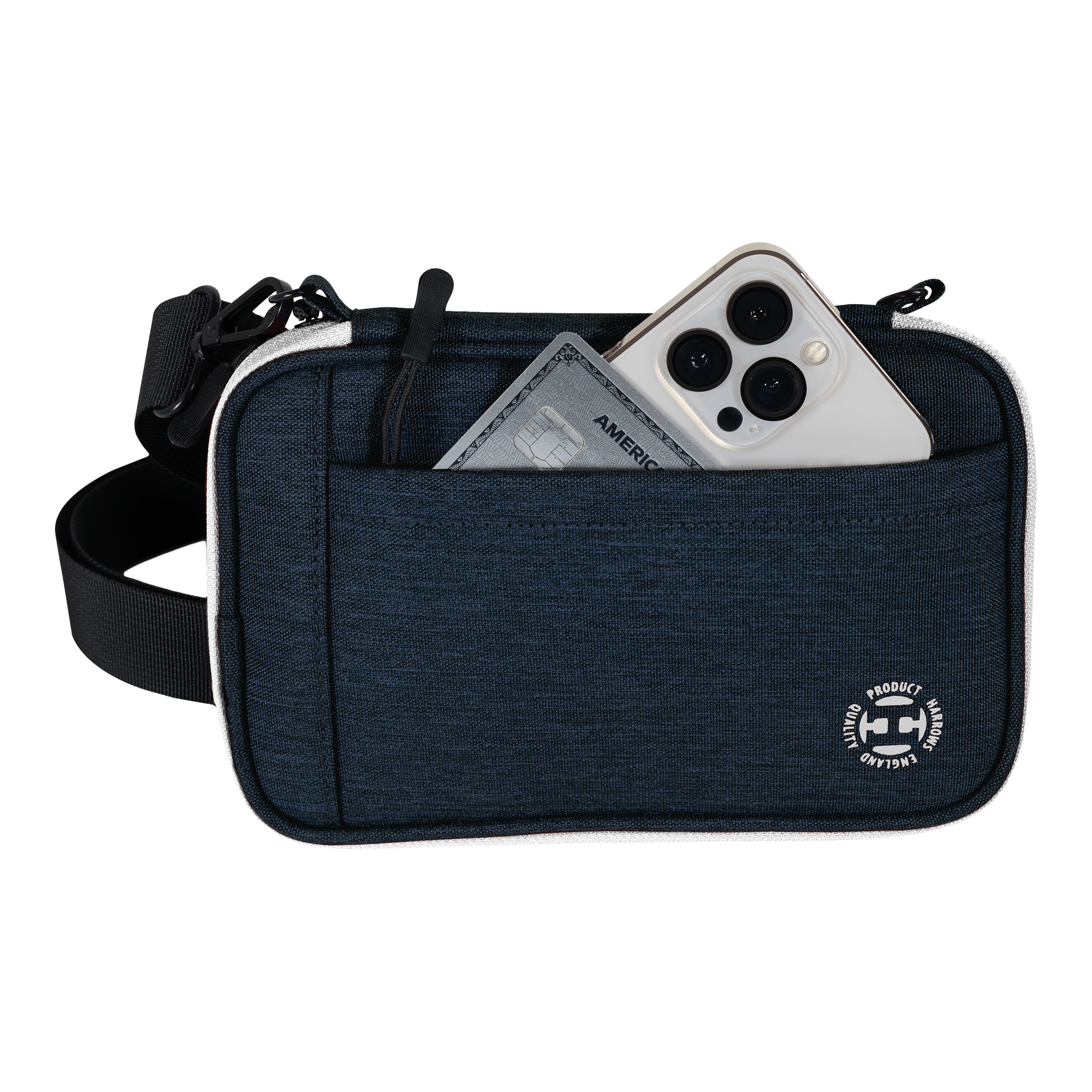 Portafoglio per freccette Harrows Smart Case XL Eine blaue Tasche mit Vorderfach enthält ein Smartphone und eine Kreditkarte. Am unteren Rand der Tasche befindet sich ein rundes weißes Logo.