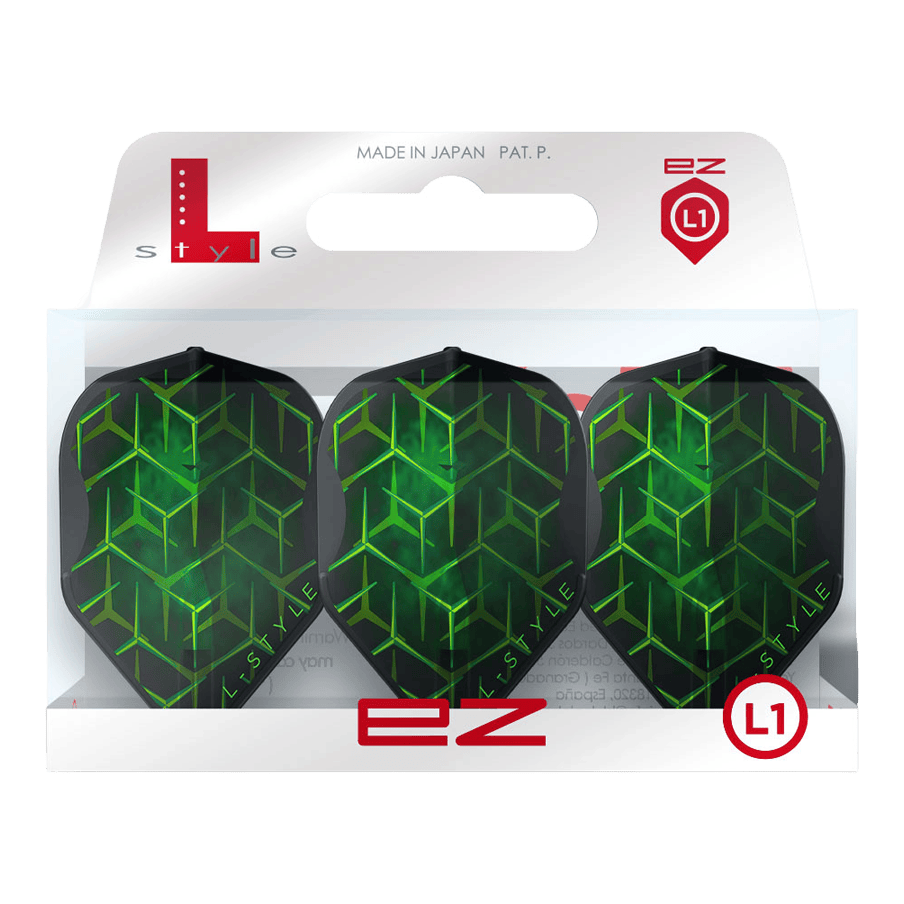 Alette L-Style Lukas Wenig V1 nere L1EZ Zwei L-Style Lukas Wenig V1 Black L1EZ Flights liegen nebeneinander auf weißem Hintergrund. Die Flächen- und Kantengeometrie wird dargestellt.