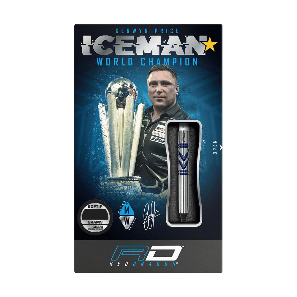 RD2542_Red_Dragon_Gerwyn_Price_Avalanche_Pro_Softdarts_3 Auf dem Bild ist die Verpackung der "Red Dragon Gerwyn Price Avalanche Pro Softdarts - 20g" zu sehen. Auf der Verpackung sind außerdem ein Porträt von Gerwyn Price und eine große Trophäe abgebildet.