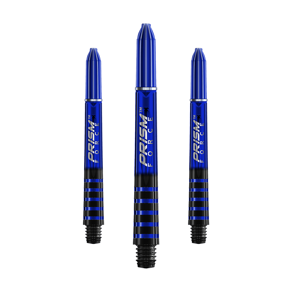 7020-403_Winmau_Prism_Force_Shafts_Blau_41mm_1 Das Bild zeigt drei blaue Winmau Prism Force Shafts für Dartpfeile. Die Shafts haben ein glänzendes Design mit schwarzen Streifen und weißer Aufschrift.