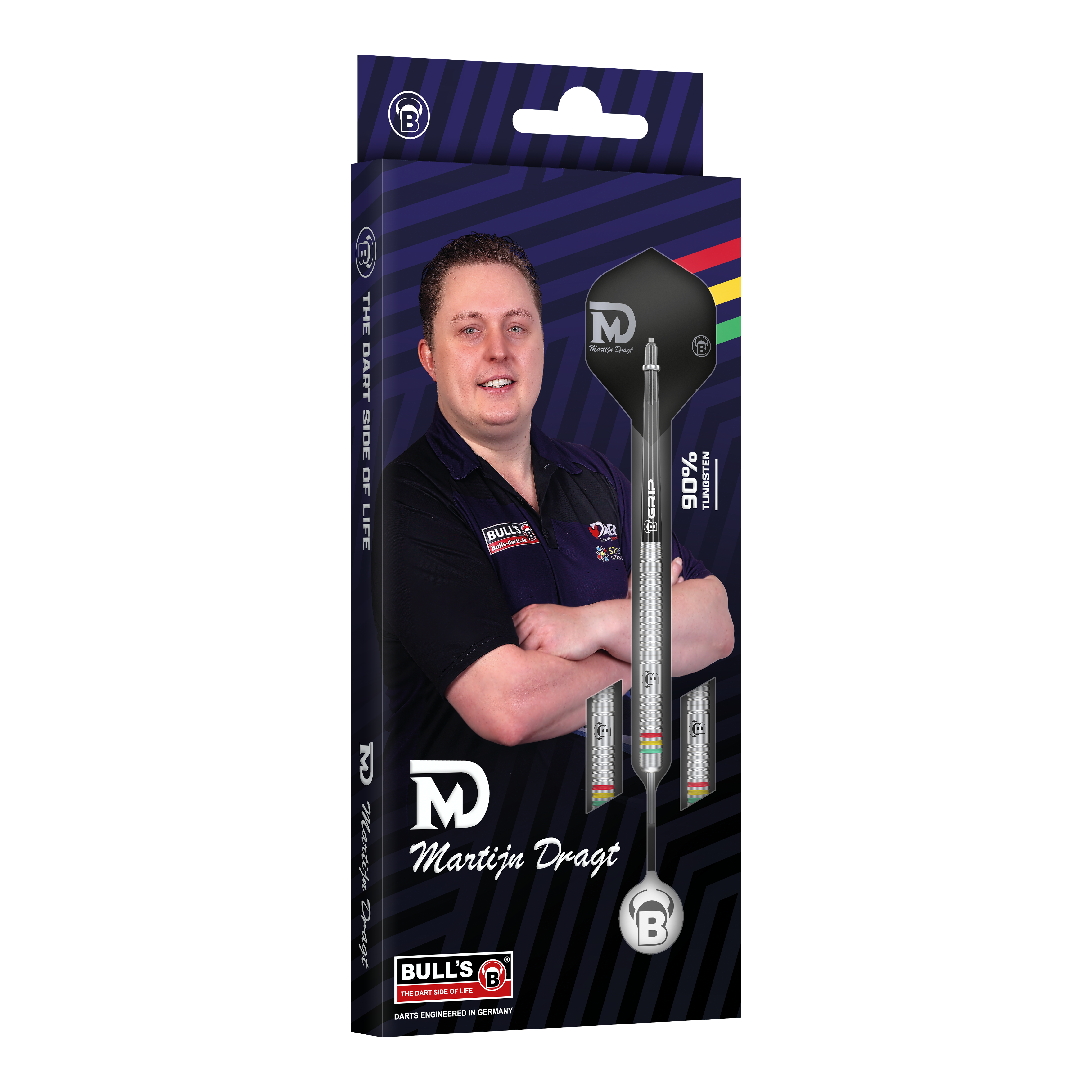 Freccette in acciaio Bulls Martijn Dragt - 24g Die Abbildung zeigt die Verpackung der "Bulls Martijn Dragt Steeldarts - 24g". Auf der Schachtel ist ein Bild von Martijn Dragt sowie die abgebildeten Steeldarts zu sehen.