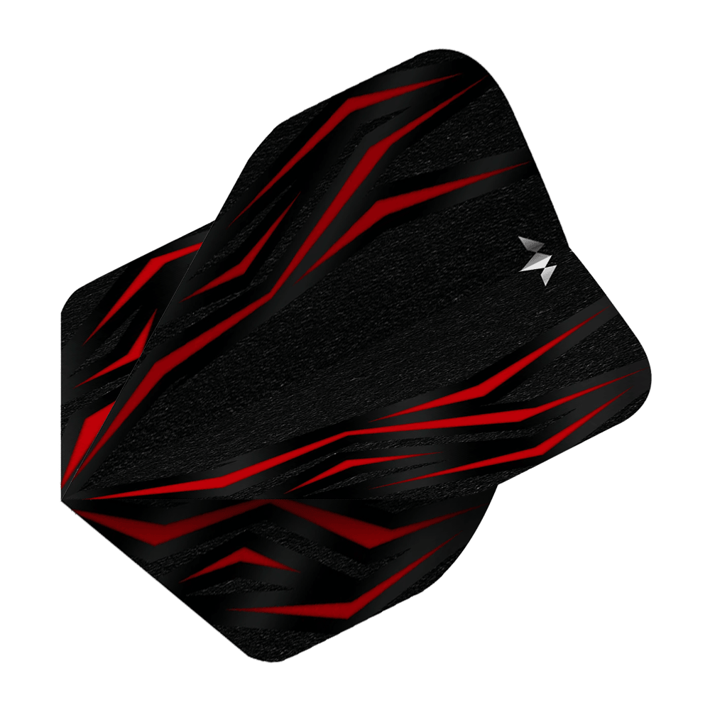 Auf dem Bild ist das Produkt Mission Lava Red No6 Flights zu sehen. Es handelt sich um rote Flights für Darts.