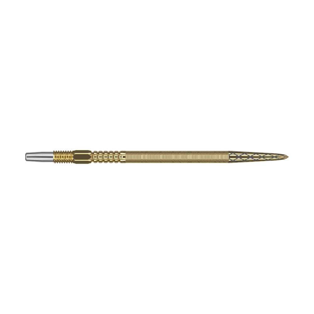 Punte per freccette Target Swiss Point DX - oro Das Bild zeigt eine goldene Dartspitze mit feinen Rillen und detailliertem Muster. Sie hat am Ende eine silberne Metallspitze.