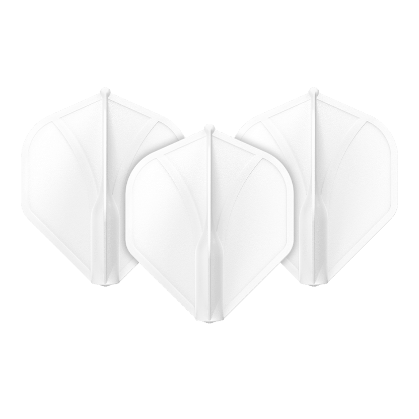 Alette standard n. 2 stampate con profilo alare Shot Das Bild zeigt drei weiße Dart-Flights in einer Reihe. Sie haben eine geformte, stabile Struktur und sind identisch.