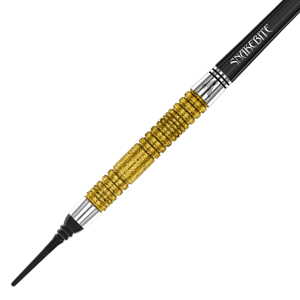Red Dragon Peter Wright Doppio Campione del Mondo SE Gold Plus Softdarts - 20g Das Bild zeigt einen goldfarbenen Softdartpfeil mit schwarzer Spitze und dem Schriftzug "Snakebite" auf dem Schaft. Es handelt sich um das Modell "Red Dragon Peter Wright Double World Champion SE Gold Plus Softdarts - 20g".