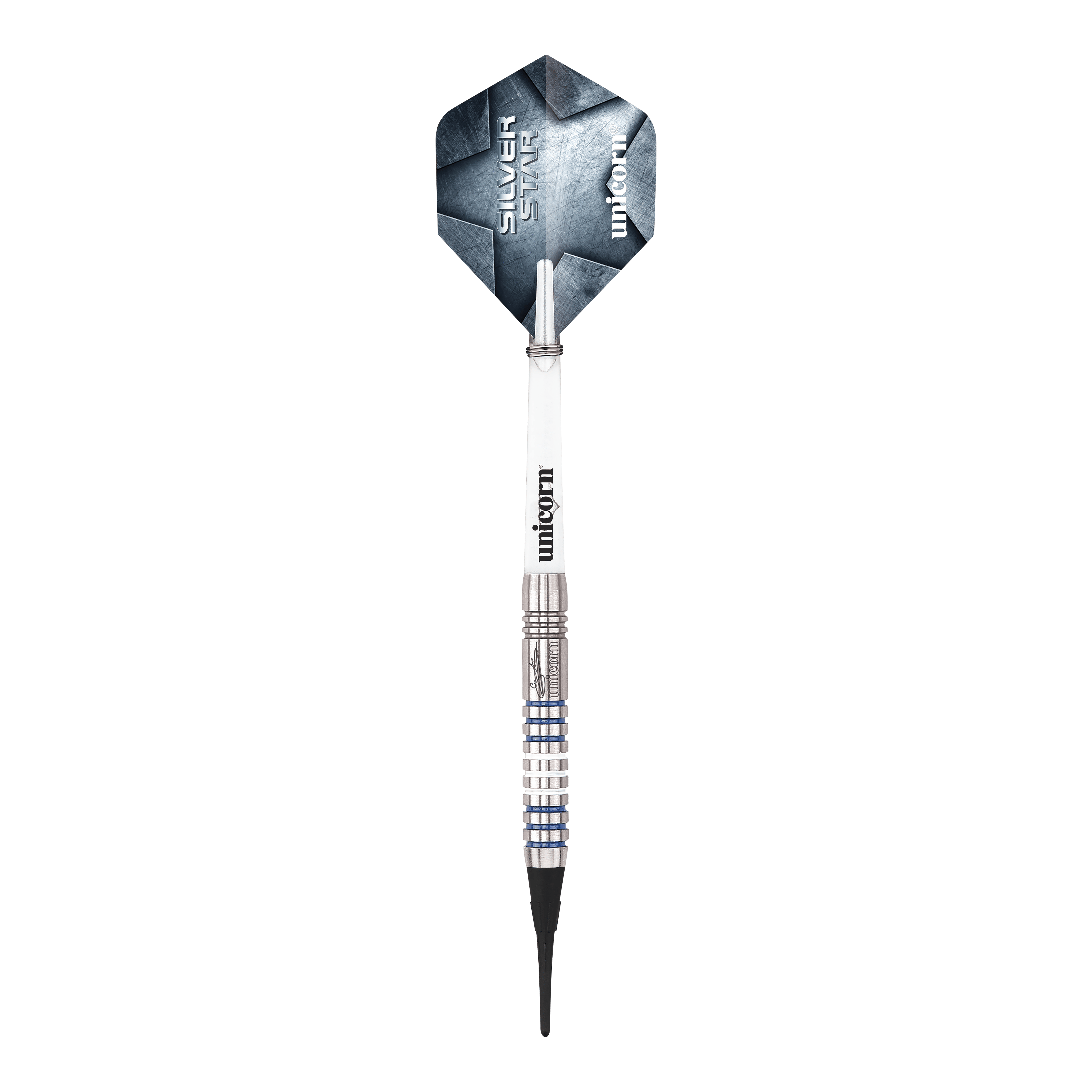 Freccette morbide Unicorn Silver Star Var.3 Gary Anderson Hier sind die Unicorn Silver Star Var.3 Gary Anderson Softdarts zu sehen. Die silbernen Dartpfeile sind detailliert abgebildet.