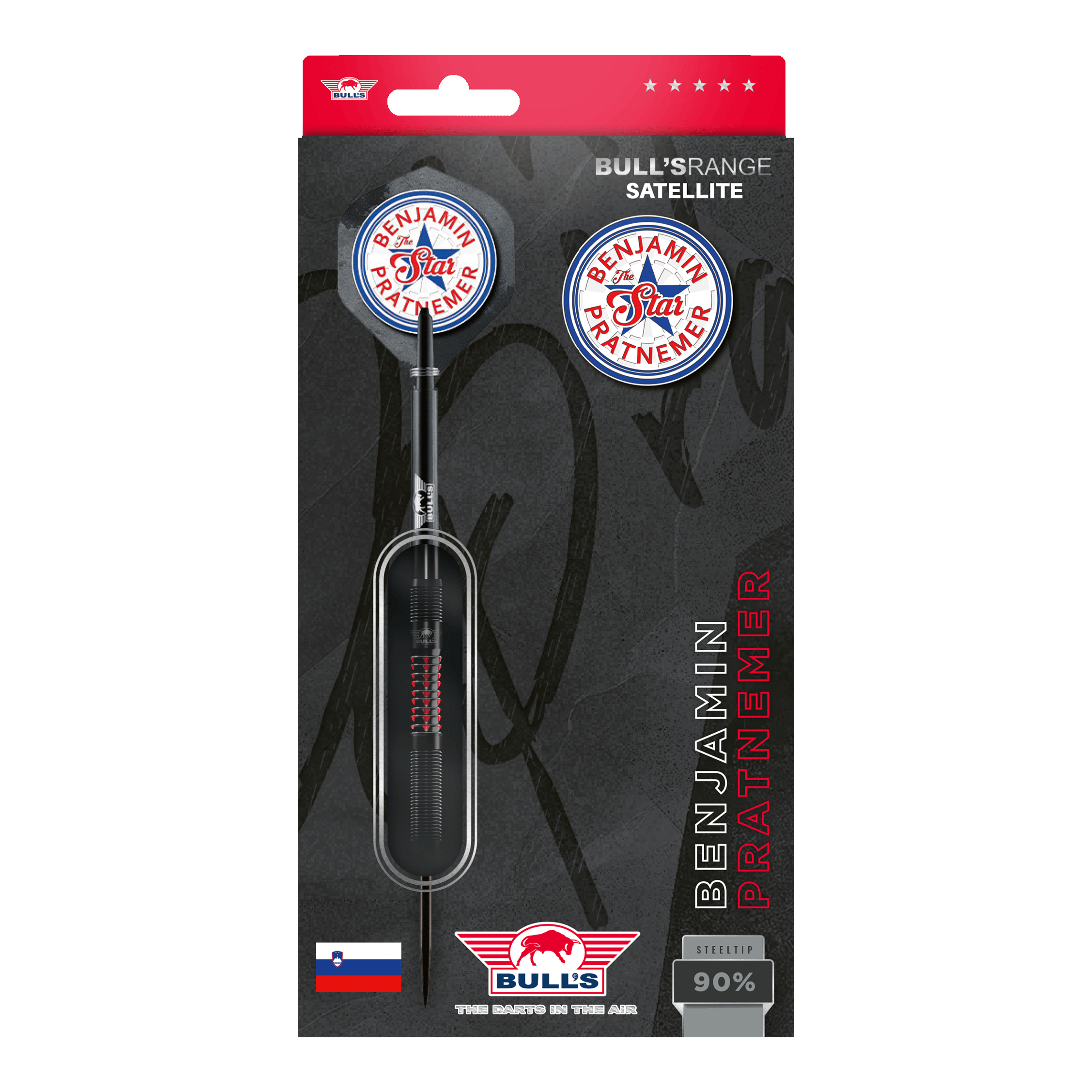 Bulls NL Benjamin Pratnemer freccette in acciaio - 20 g Das Bild zeigt die Verpackung der "Bulls NL Benjamin Pratnemer Steeldarts - 20g". Auf der Verpackung sind ein Dartpfeil, Ersatzflights und der Name Benjamin Pratnemer abgebildet.