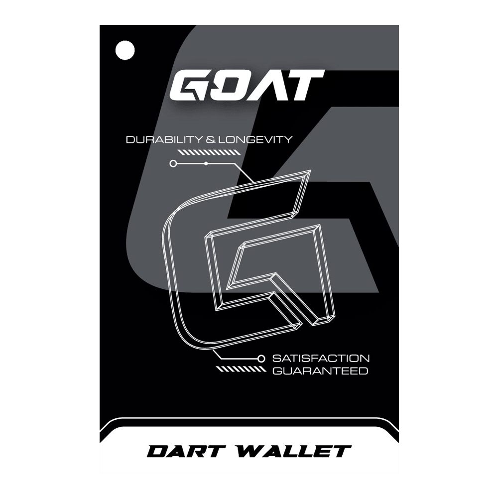Portafoglio per freccette GOAT Locker XXL Das Bild zeigt die Verpackung des Produkts "GOAT Locker S Dartwallet". Es hebt die Eigenschaften Langlebigkeit und Zufriedenheit hervor.