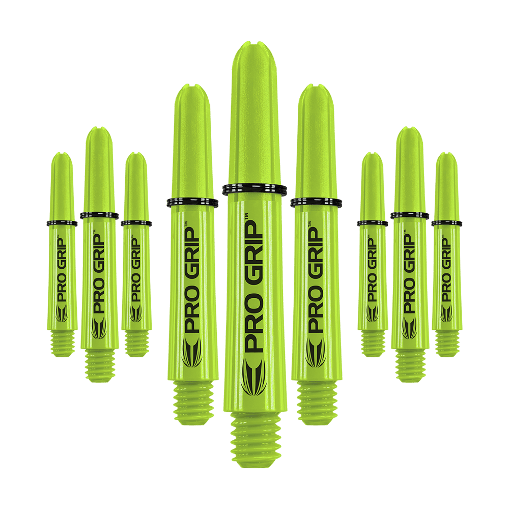 Target Pro Grip Shafts - 3 set - Verde lime Auf dem Bild sind mehrere limegrüne Pro Grip Dartschäfte zu sehen. Sie sind in drei Sets angeordnet und tragen die Aufschrift "PRO GRIP".