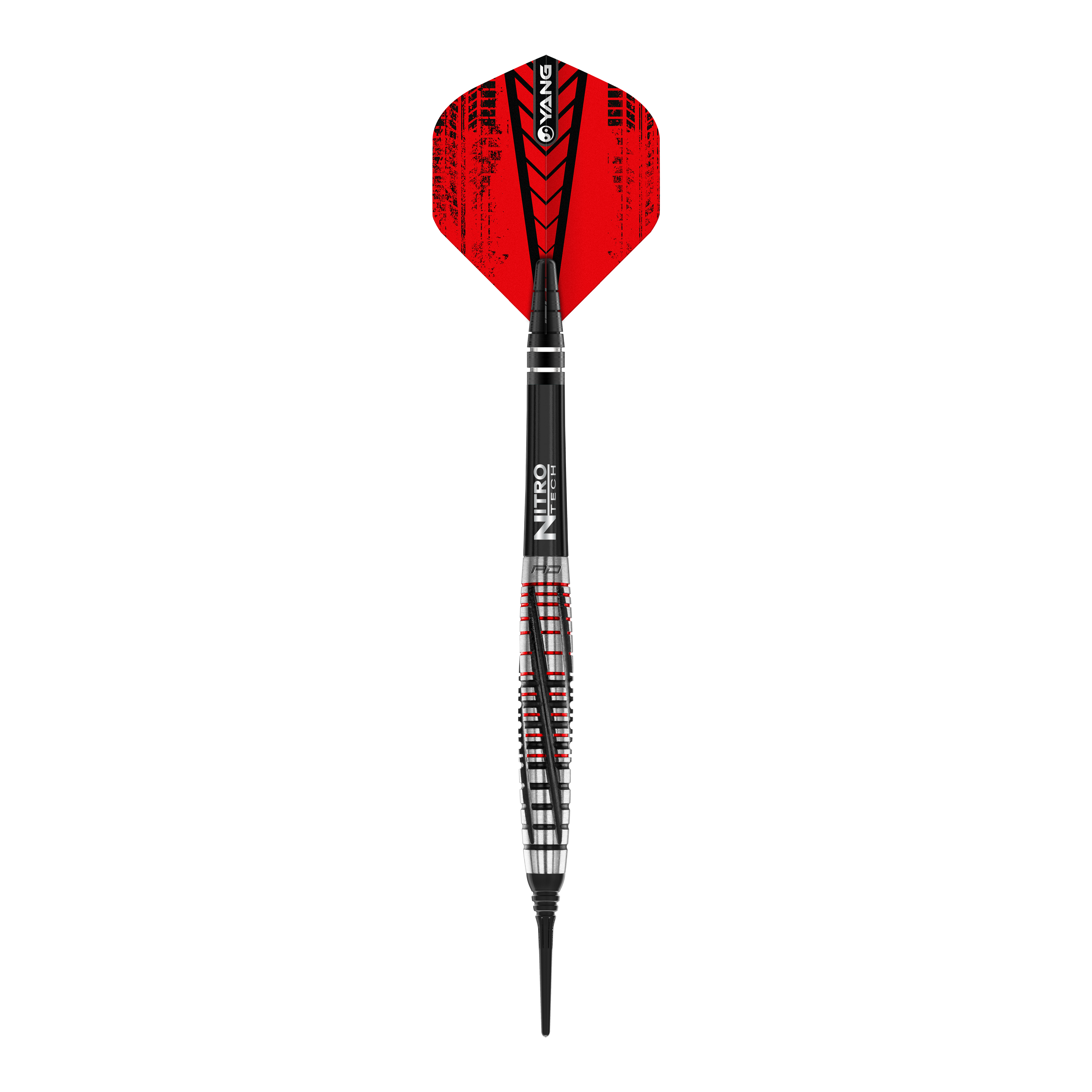 Freccette morbide Red Dragon Rifle - 20 g Das Bild zeigt einen Red Dragon Rifle Softdart mit einem Gewicht von 20 Gramm. Der Dartpfeil hat rote Flights und ein schwarz-silbernes Barrel mit roten Akzenten.