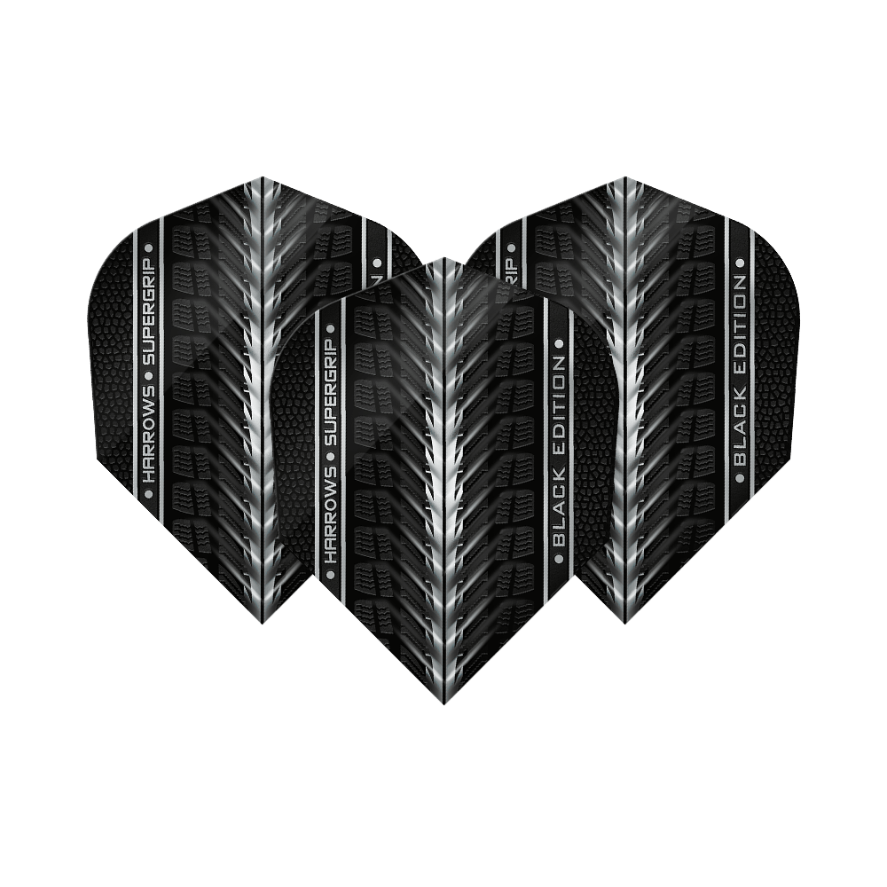 Alette Harrows Supergrip Black Edition n. 6 Das Bild zeigt die "Harrows Supergrip Black-Edition No6 Flights" in einem schwarzen Design mit silbernen Akzenten. Die Flights haben eine strukturierte Oberfläche und den Schriftzug "Harrows Supergrip Black Edition".