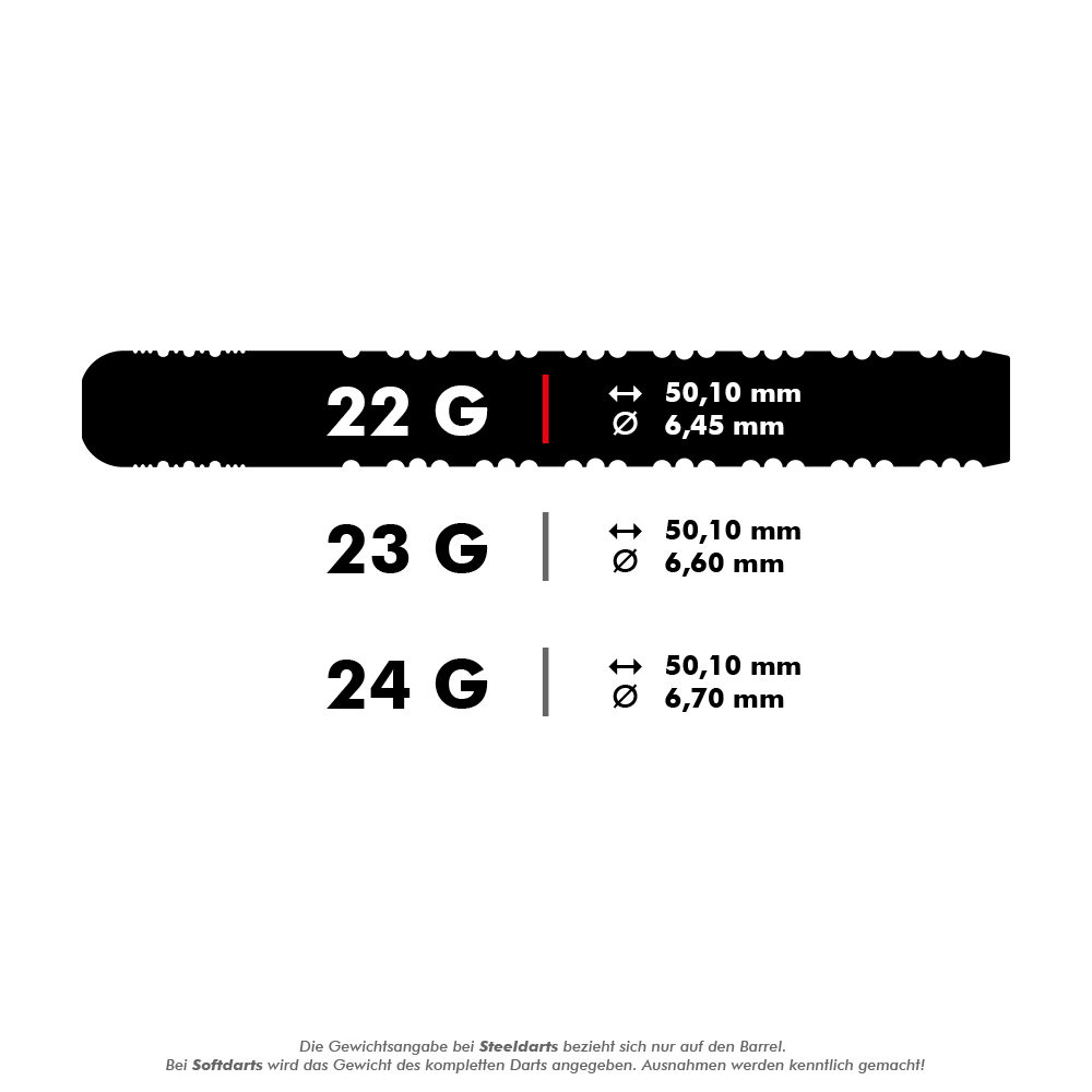 Freccette in acciaio Target Chris Dobey Hollywood Action Swiss Point Das Bild zeigt drei verschiedene Gewichte von Darts: 22g, 23g und 24g, jeweils mit ihren Maßen. Für jedes Gewicht sind die Länge von 50,10 mm und unterschiedliche Durchmesser (6,45 mm, 6,60 mm, 6,70 mm) angegeben.