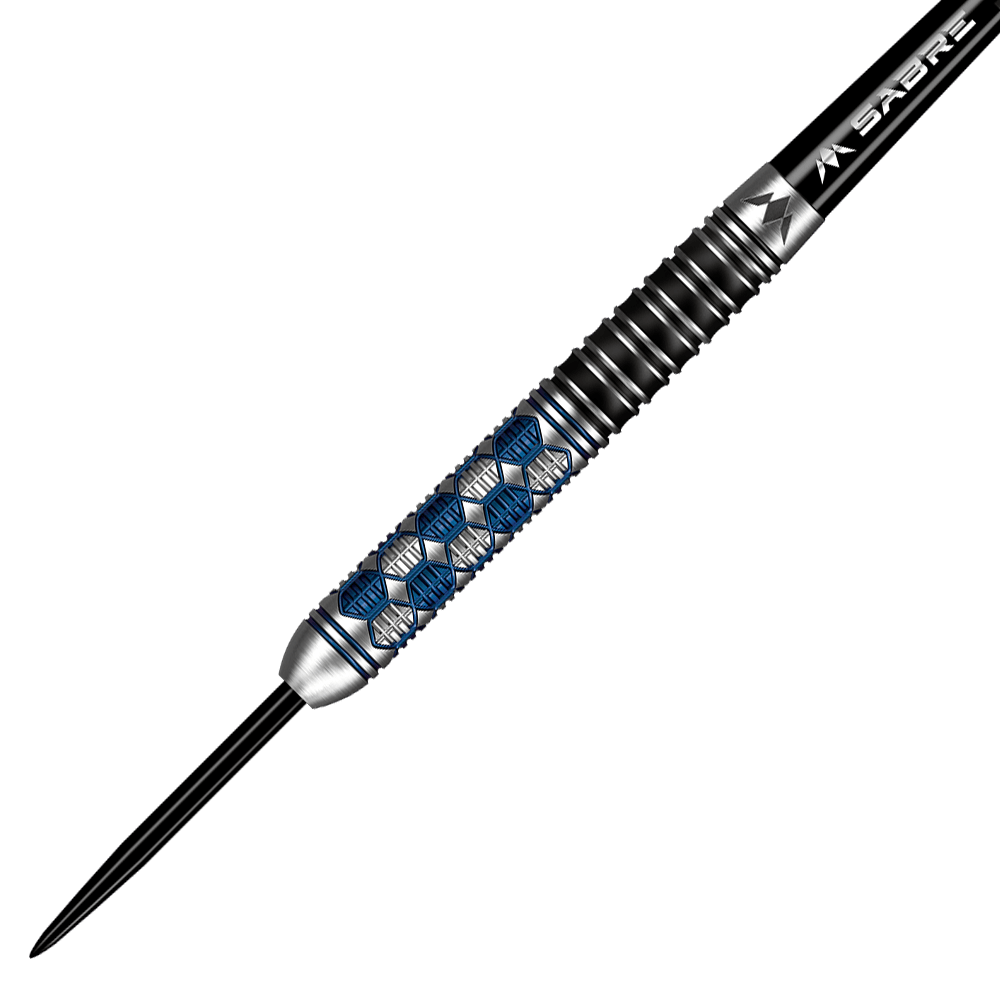 M001310_Mission_Hexon_Steeldarts_2 Das Bild zeigt einen Mission Hexon Steeldart mit einem Gewicht von 23 Gramm. Der Dart hat ein silbernes Design mit blauen Hexagon-Mustern auf dem Griffbereich.