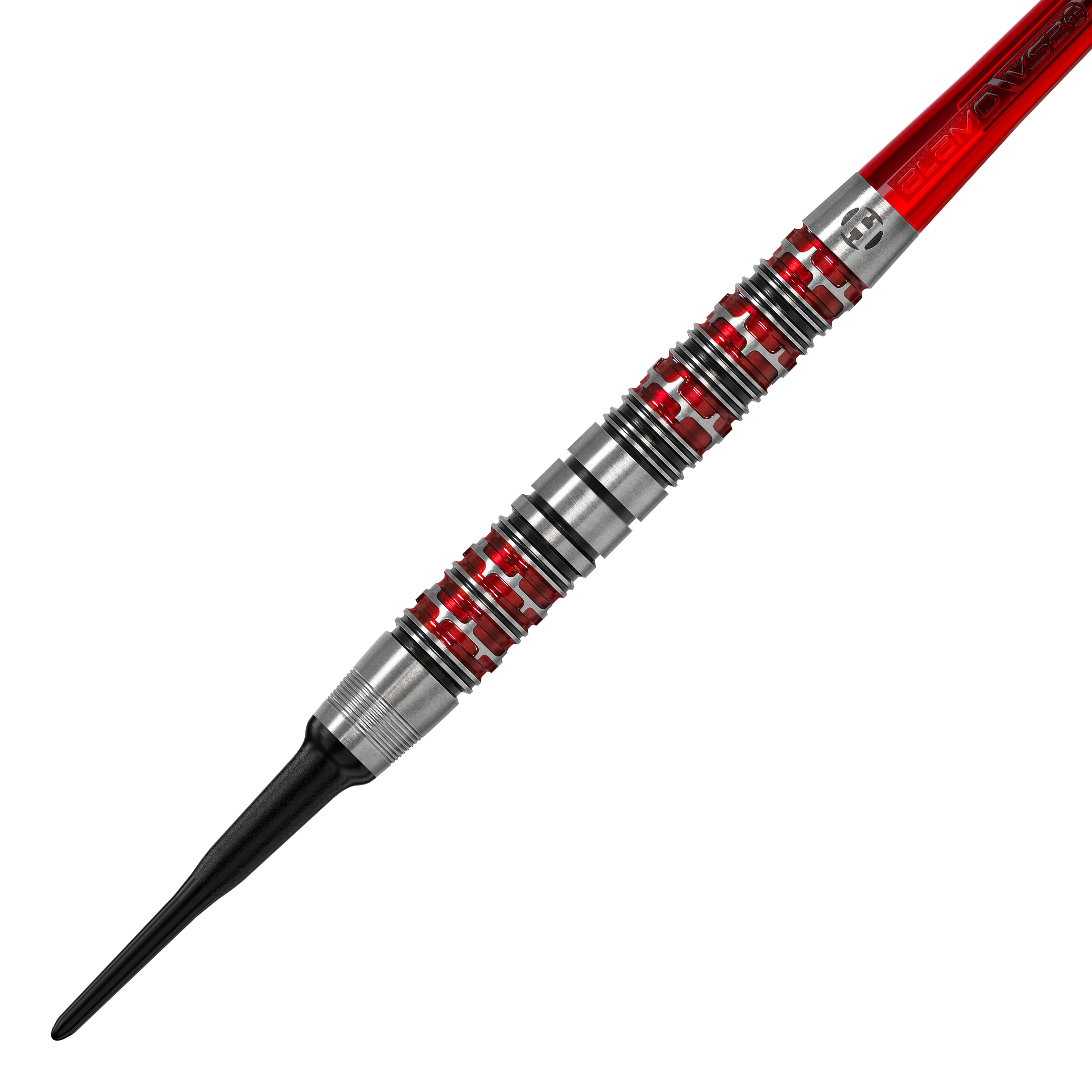 Dies ist ein Harrows Damon Heta Series 3 Softdart. Der Dartpfeil hat ein silbernes Griffstück mit roten Akzenten und einer schwarzen Spitze.