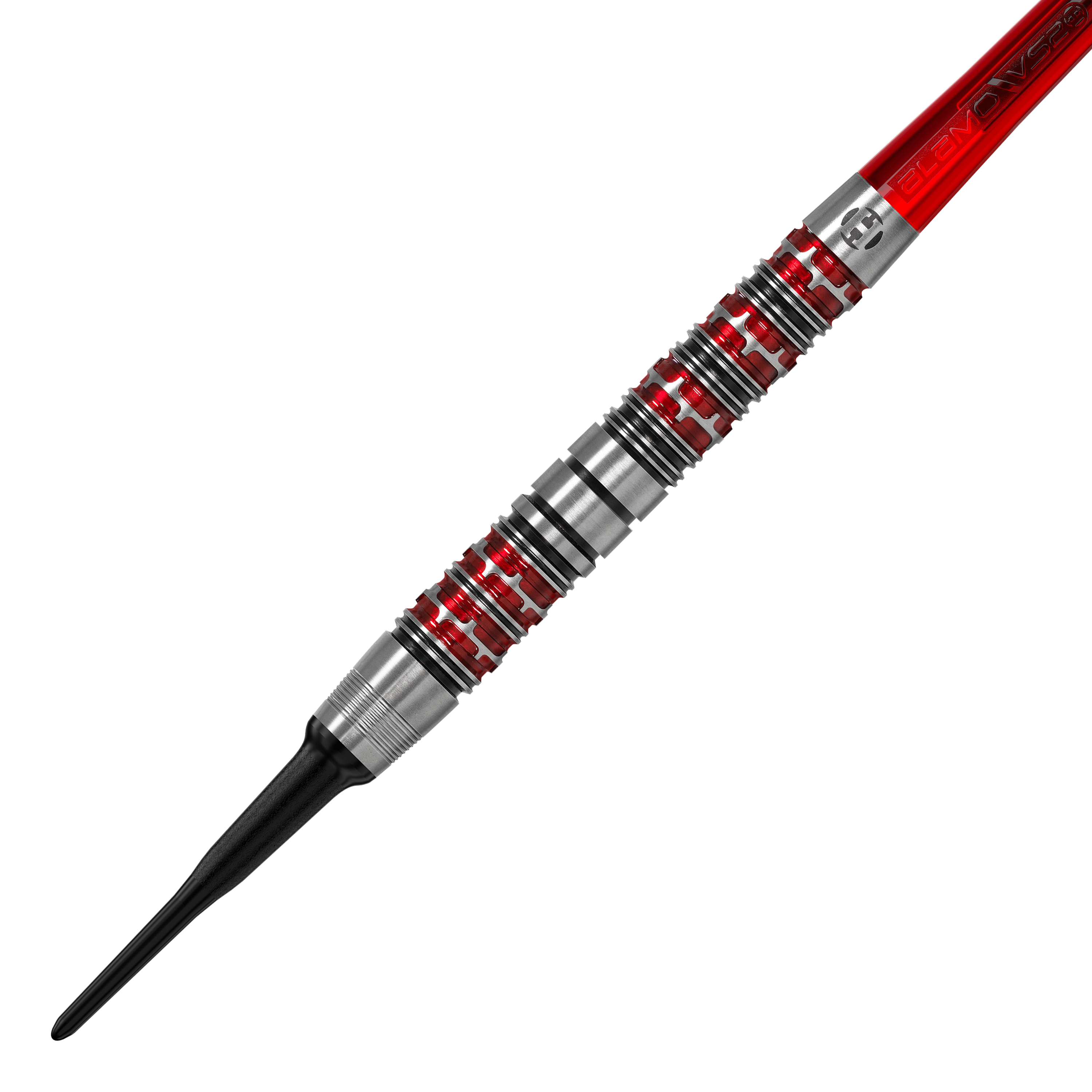 Freccette morbide Damon Heta Series 3 di Harrow Dies ist ein Harrows Damon Heta Series 3 Softdart. Der Dartpfeil hat ein silbernes Griffstück mit roten Akzenten und einer schwarzen Spitze.