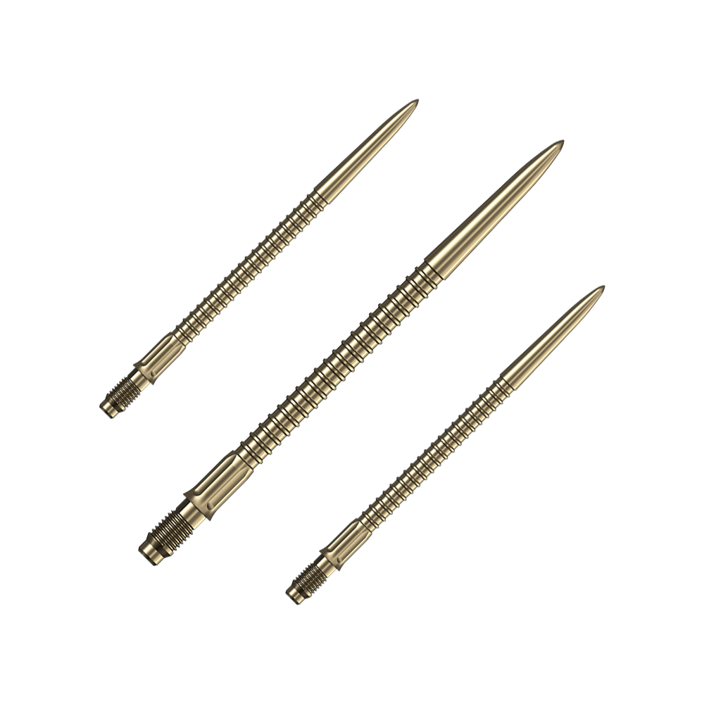 Das Bild zeigt ein Set goldener Dartspitzen Mission R25 Rapid Point mit einer Länge von 40mm. Die Spitzen liegen nebeneinander auf einer hellen Fläche.