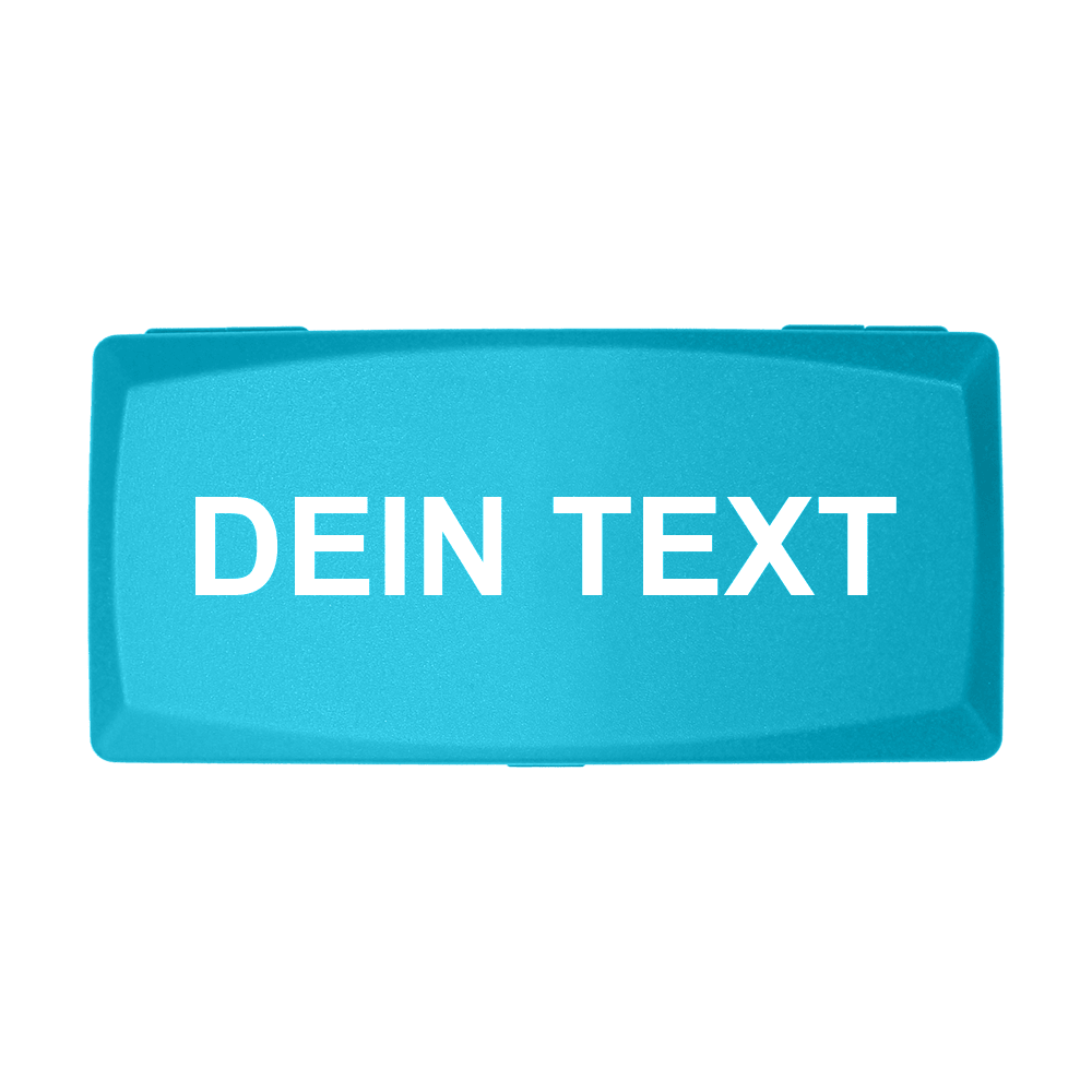 Scatola in ABS con stampa personalizzata Die Abbildung zeigt eine himmelblaue Box mit der Aufschrift "DEIN TEXT" in weißer Schrift. Die Box hat eine rechteckige Form und einen schlichten, modernen Look.