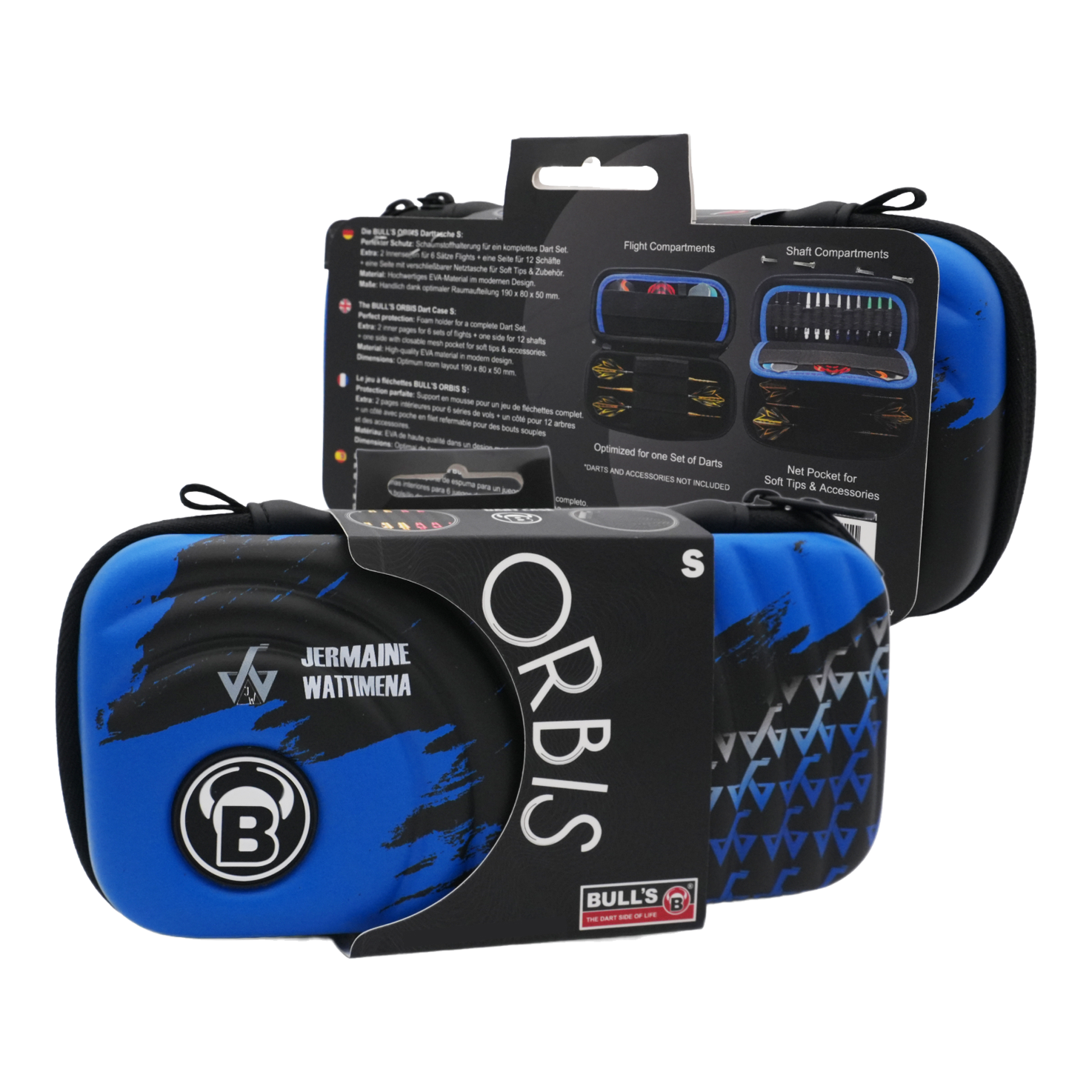 Custodia per freccette Bulls Orbis S Jermaine Wattimena Das Bild zeigt das Produkt "Bulls Orbis S Jermaine Wattimena Dartcase" in blauer und schwarzer Farbe. Die Darttasche ist kompakt und eignet sich zum sicheren Aufbewahren von Dartzubehör.